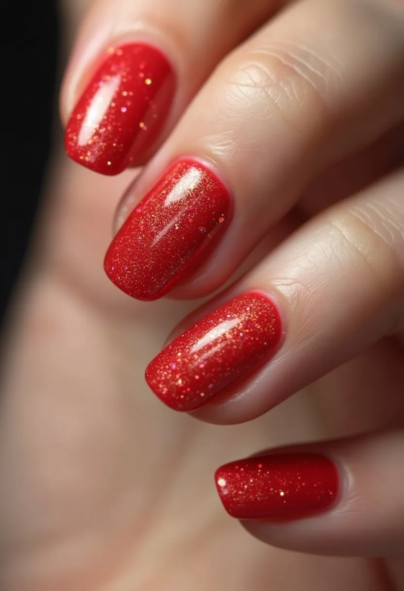 The nail design features a vibrant red color palette adorned with subtle golden glitter that adds a festive sparkle, evoking a holiday or celebratory feel. The nails are neatly shaped into a squoval (square-oval) form, providing a modern and elegant appearance. The glitter is dispersed evenly across each nail, offering a uniform yet intricate pattern that enhances the overall aesthetic without overwhelming it. This design appears to be achieved using a gel treatment, which imparts a glossy and long-lasting finish. The choice of colors and shimmer gives a sophisticated and festive vibe, making it ideal for special occasions such as Christmas or New Year's celebrations.