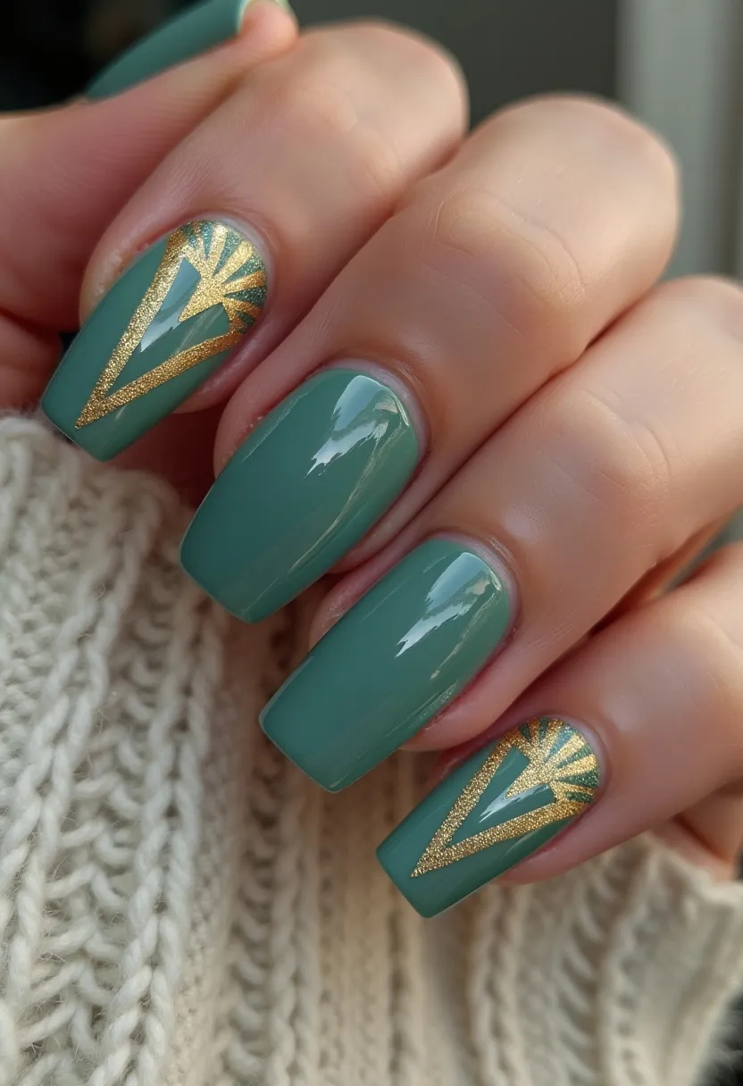 The nail design features a color palette predominantly composed of a muted green shade. The nails are shaped in a long square form, providing a modern and stylish look. Two of the nails showcase intricate geometric patterns with gold glitter, forming a sleek and eye-catching design that adds an elegant contrast to the green base. This design likely utilizes gel treatment, as indicated by the high-gloss finish and smooth application. The combination of the green color and gold accents hints at a seasonal theme, possibly appropriate for the autumn or festive winter holidays, adding a touch of sophistication and seasonal cheer.