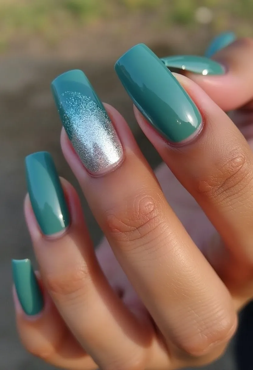 The nails feature a vibrant teal color palette, accented with a single nail in a glittery silver shade that stands out against the solid teal. The nails are shaped in a slightly tapered, square form, providing a modern and polished look. The nail treatment appears to be gel, characterized by its glossy finish and durability. The teal shade is complemented by the silver glitter on the ring finger, offering a touch of sparkle and a contrasting texture. This design balances elegance with a touch of glamour, suitable for both everyday wear and special occasions.