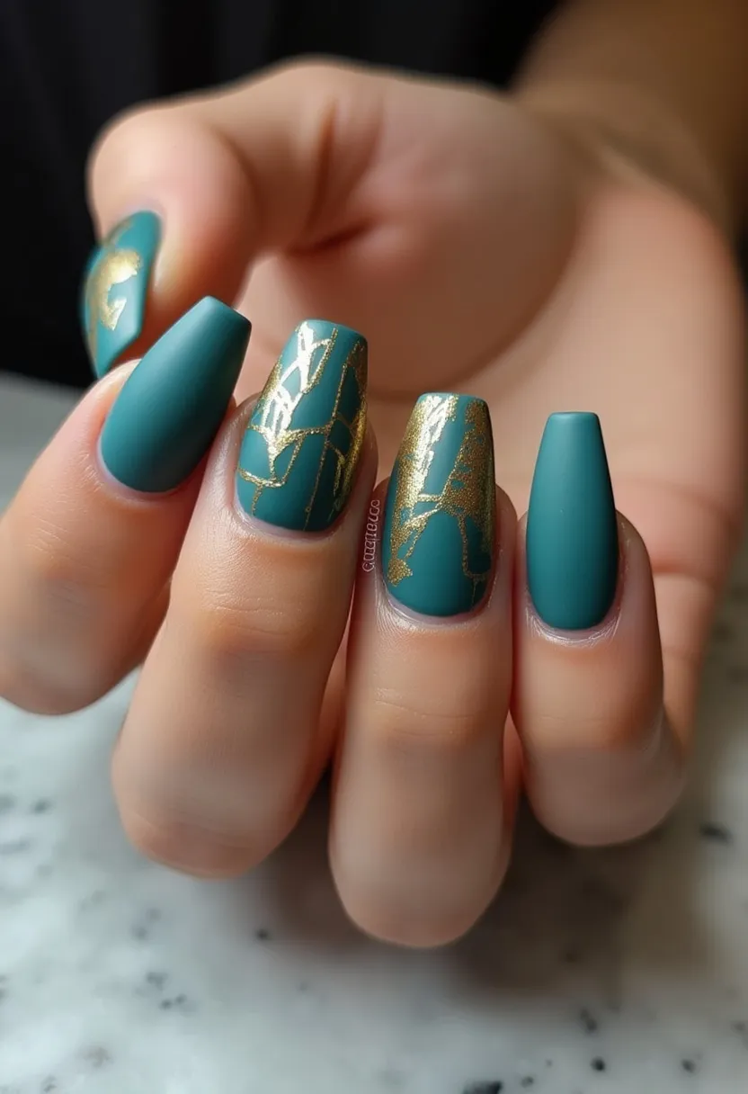 The nail design features a matte teal color palette with coffin-shaped nails. Two of the nails showcase intricate gold foil designs, creating a distinct and elegant contrast against the matte teal base. The gold detailing has an abstract, cracked effect, adding a touch of sophistication and visual interest. The nails appear to be treated with gel polish, giving them a smooth and durable finish often associated with this type of manicure. This design is well-suited for special occasions given its intricate detailing and luxurious color combination, making it an excellent choice for festive or formal events.