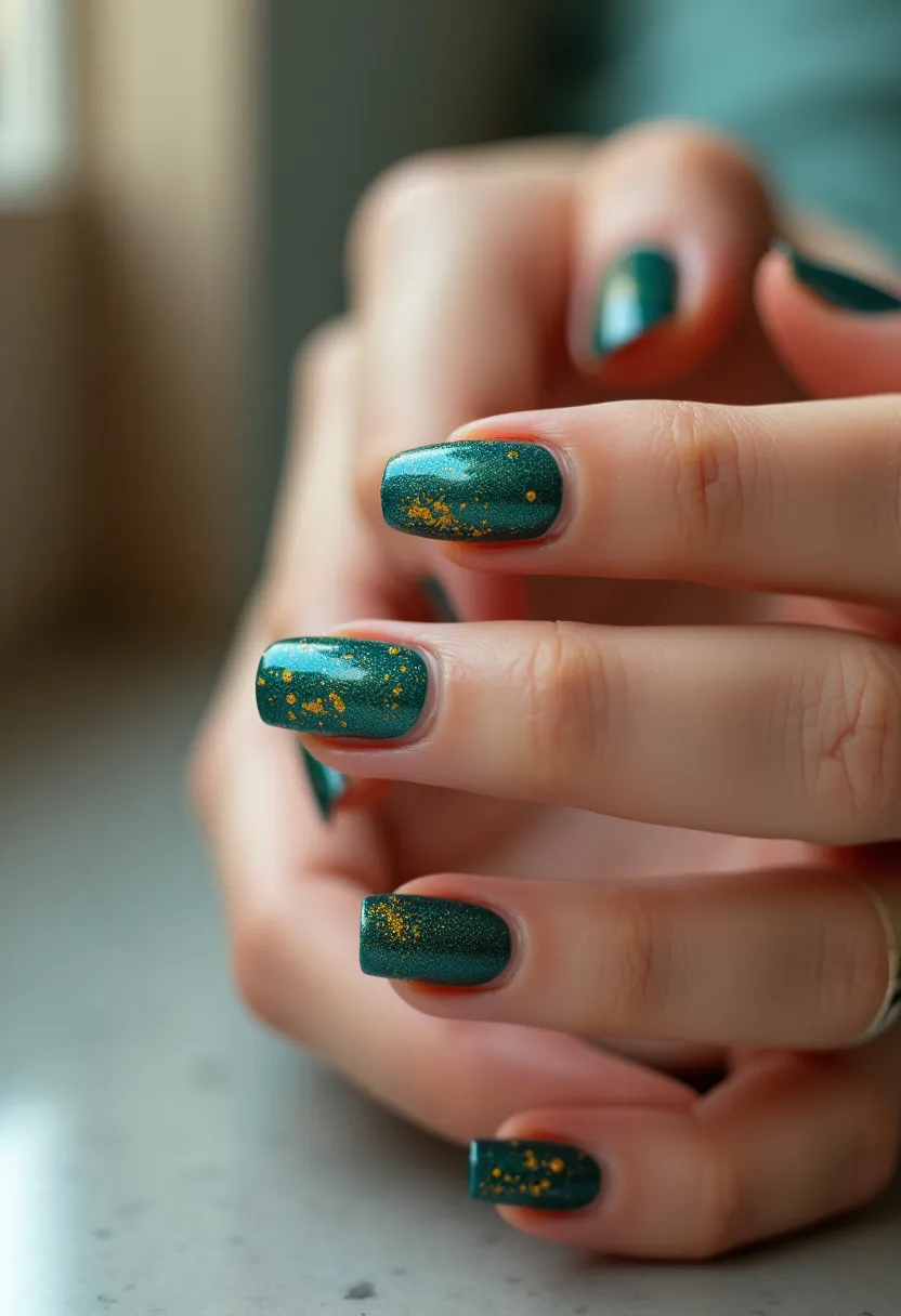 The nail design features a striking color palette dominated by a deep, shimmering forest green, accented with delicate flecks of gold. The nails are shaped in a modern, medium-length square form, providing a sleek and uniform appearance. An intricate pattern of gold speckling is artfully arranged on each nail, adding a touch of elegance and depth to the overall design. This nail treatment appears to be done using gel polish, evident from the glossy and smooth finish. The combination of green and gold suggests a festive, possibly holiday-themed look, perfect for special occasions where a sophisticated yet bold manicure is desired.