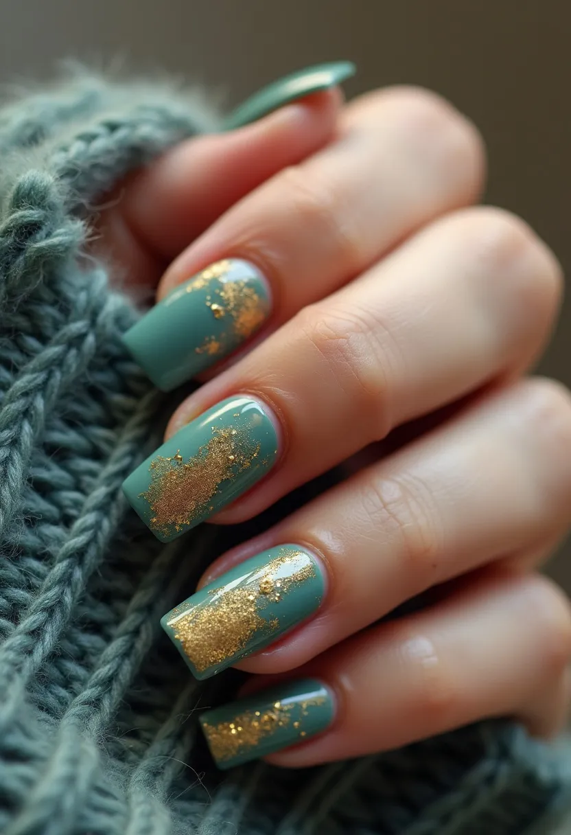 The nail design features a sophisticated color palette of muted teal as the base color, adorned with intricate gold foil accents. The nails are shaped in a medium length with a square tip, offering a modern and elegant look. The gold foil is artfully scattered on each nail, creating a luxurious, yet subtle, patterned effect. This nail art appears to be a gel treatment, given its smooth, glossy finish and vibrant color retention. The combination of teal and gold suggests a theme suitable for the colder months, particularly fall and winter, with the cozy teal hinting at a seasonal feel. The golden accents could also make this design appropriate for special occasions such as holidays or formal events.