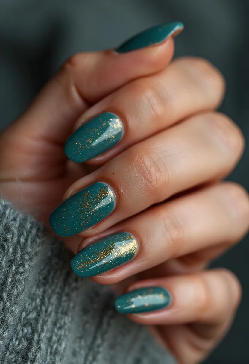 The nail design showcases a beautiful teal color palette accentuated with a gold glitter effect. The nails are filed into an oval shape, giving an elegant and elongated appearance to the fingers. The design features intricate patterns of gold glitter that add a touch of sophistication and glamour, possibly suggesting a festive or celebratory theme suitable for special occasions or seasonal events like the winter holidays. The use of a gel nail treatment provides a high-shine finish and durability. This design combines a striking color with glitter accents, creating a visually appealing and refined manicure.