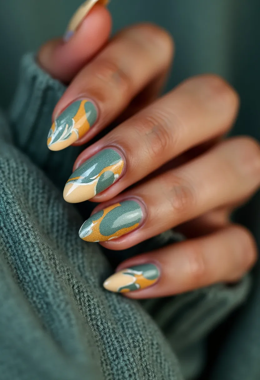 The nail design features almond-shaped nails adorned with an intricate, abstract pattern. The color palette includes muted shades of green, beige, and gold, blending harmoniously with touches of white, adding a dynamic and artistic flair. The nails appear to have a smooth, glossy finish indicative of either gel or shellac treatment, providing durability and a sleek look. The combination of earthy tones and sophisticated lines suggests a chic autumn-inspired theme, making this design apt for the fall season. Unique details such as the swirling and overlapping colors contribute to a modern yet organic look, perfect for someone looking to blend elegance with a touch of nature-inspired artistry.