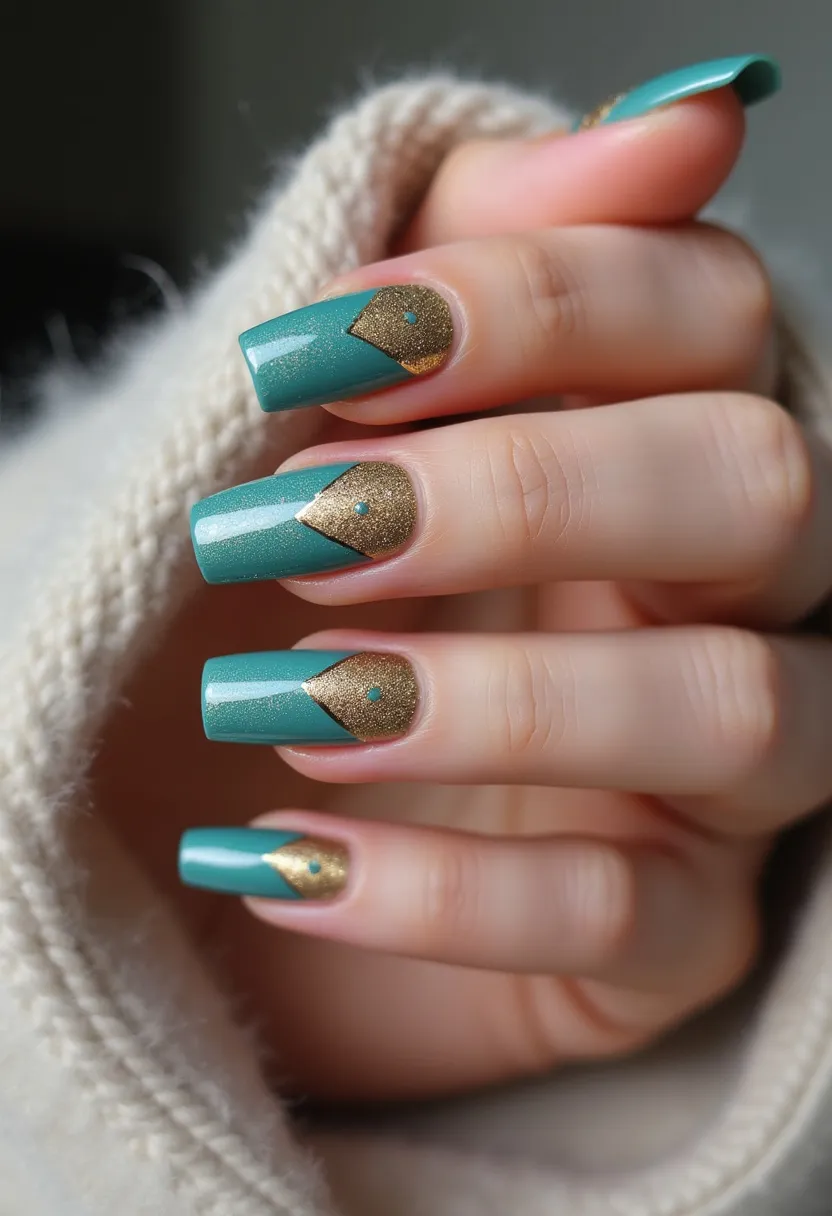 The nail design features long, square-shaped nails treated with a gel polish in a striking color palette of teal and gold. The base color of the nails is a vibrant teal, with a shimmering finish, complemented by a sophisticated gold accent near the cuticle. Each nail has an intricate pattern where the gold forms a pointed geometric design, highlighting a small teal dot at its center. The overall appearance exudes elegance and is apt for a festive or glamorous occasion, such as a holiday party or special event, due to the luxurious blend of colors and the refined, artistic detailing.