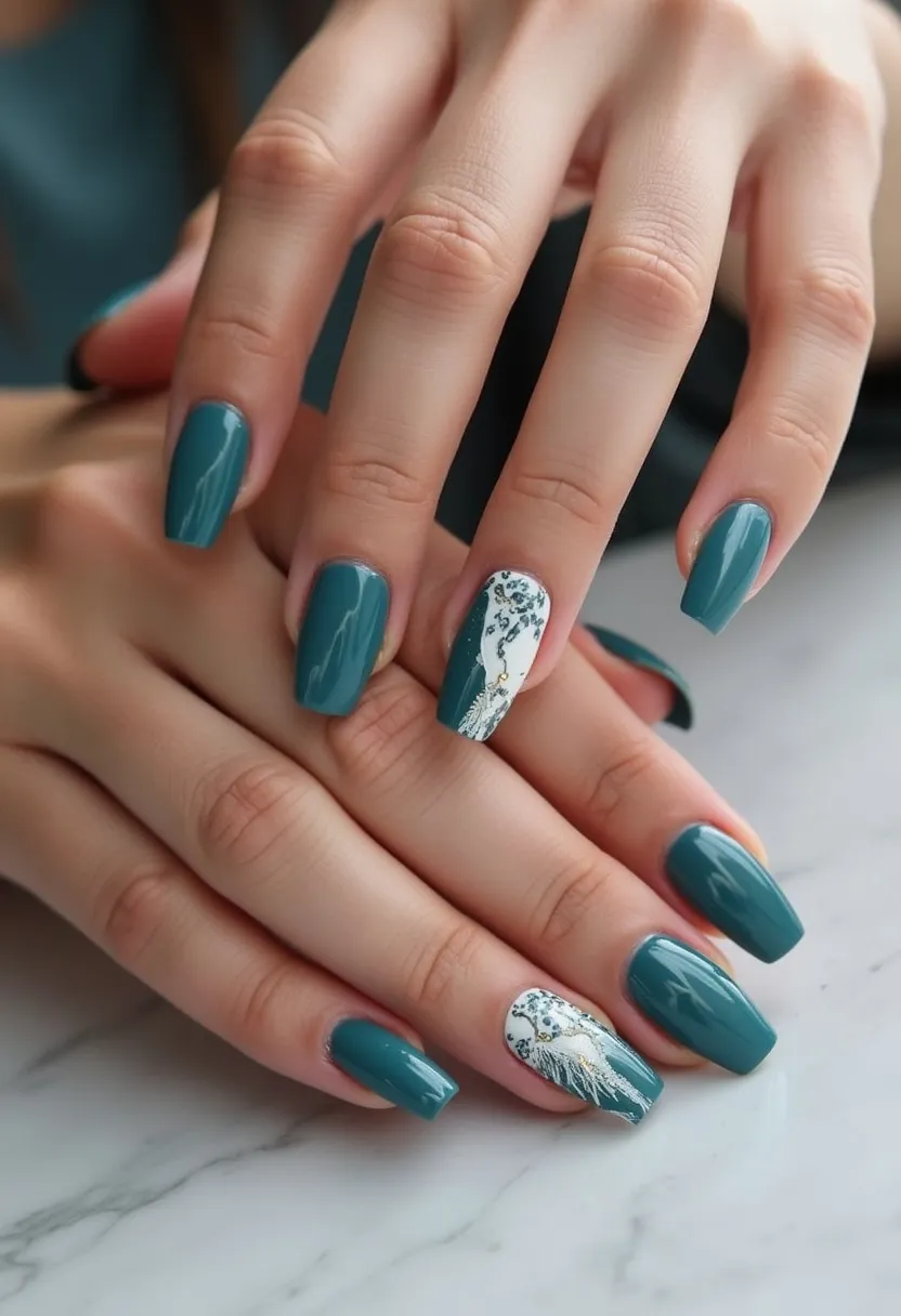 The nail design showcases a stunning teal green color palette applied to long, square-shaped nails, indicating a possible gel or acrylic treatment due to the high gloss and smooth finish. One nail on each hand features a detailed accent design, with a white base, adorned with intricate floral or paisley patterns in teal and gold, possibly depicting a peacock feather or similar theme. This intricate pattern contrasts beautifully with the solid teal nails, adding a touch of elegance and sophistication. The design may be suitable for fall or winter seasons due to the rich color combination and detailed artwork, making it ideal for special occasions or festive events.