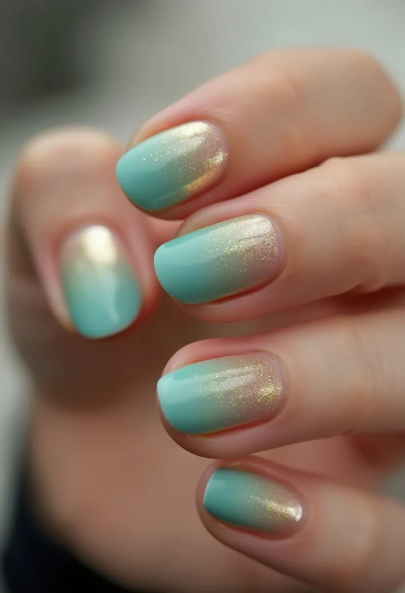 The nail design showcases a sophisticated and elegant look using a color palette of pastel mint green and shimmering gold. The nails are medium-length with a rounded shape, creating a natural and refined appearance. An intricate pattern features a gradient effect where the mint green color transitions smoothly into the gold shimmer, giving each nail a distinctive and stylish look. The shimmer effect suggests a gel or shellac treatment, which is known for its glossy finish and durability. The design's softness and shimmer evoke a light, airy feel, making it suitable for spring or summer seasons, or for special occasions such as weddings or parties.