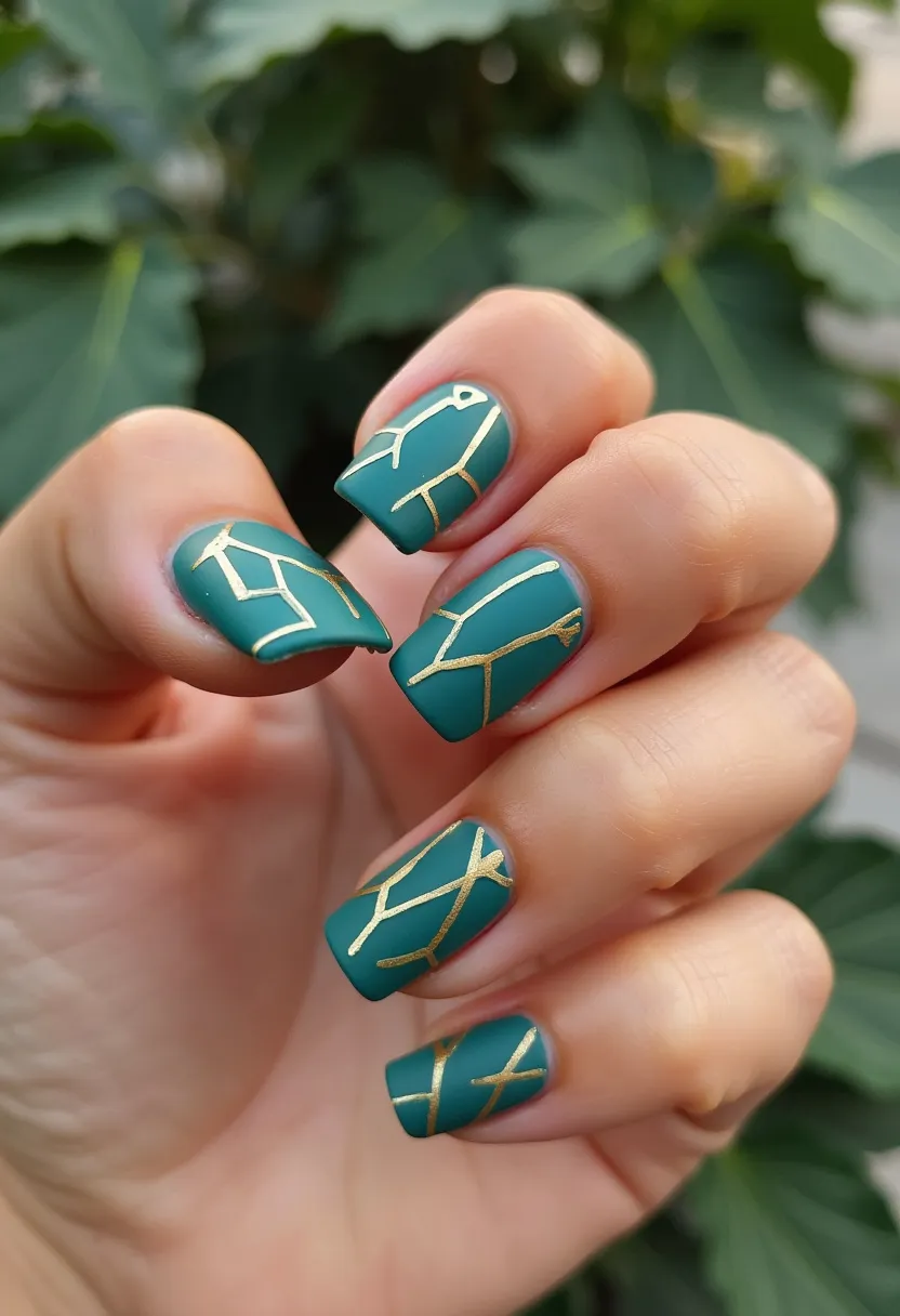 The nail design features a bold and sophisticated color palette with a matte teal base color, elegantly adorned with fine, gold geometric lines. The nails are shaped in a medium length, square style which enhances the modern aesthetic of the design. The gold lines are meticulously placed, creating a fragmented, almost abstract pattern that adds a touch of luxury and elegance to the overall look. The matte finish suggests that the treatment could be accomplished with gel polish, known for its long-lasting and high-quality finish. This design could be particularly suitable for a formal event or the fall season, combining vibrant color with understated yet intricate detailing.