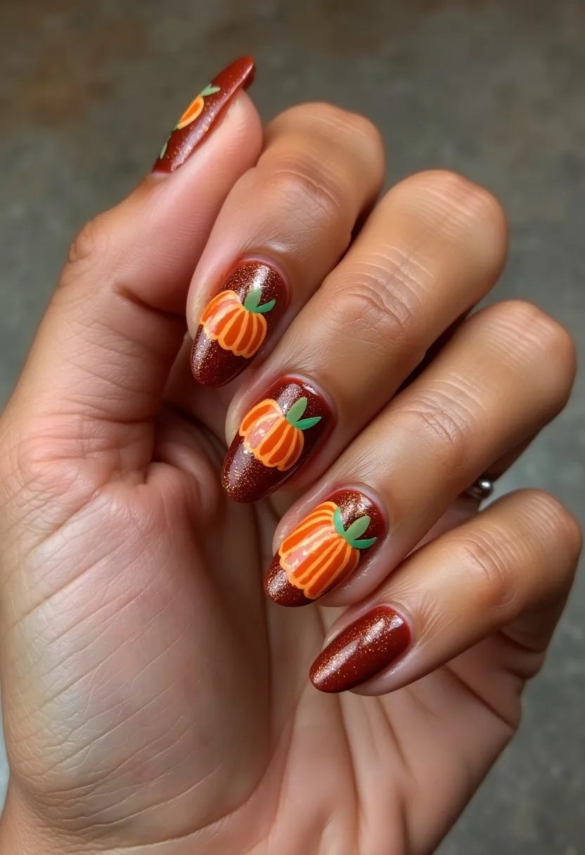 The nail design features a warm autumnal theme with a deep, shimmering bronze color as the base polish. Each nail is shaped into a rounded almond form, providing an elegant and elongated appearance. The nails are decorated with intricate orange pumpkin patterns, complete with green leaves, which adds a festive, seasonal touch suitable for fall, especially around Halloween or Thanksgiving. The design likely uses a gel or dip treatment to achieve the smooth and glossy finish seen. The pumpkins are detailed with a combination of solid blocks of color and fine line work to distinguish the segments, making the overall look both playful and sophisticated.