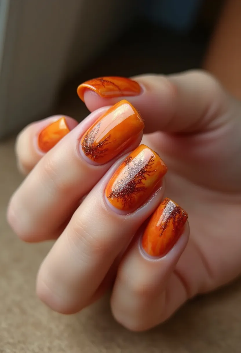 The nails showcase a vivid and warm color palette primarily featuring shades of orange, with hints of darker brown and gold used intricately as patterns. The nails are medium-length and have a square shape with slightly softened corners. A notable design element includes delicate, tree-like or firework patterns with a glittering effect towards the base, adding a touch of elegance and sparkle. The finish is likely a glossy gel treatment, contributing to the vibrant shine and durability. This nail design is ideal for the autumn season, with its warm hues reminiscent of fall foliage, making it suitable for seasonal events like Thanksgiving or Halloween. The intricate glitter patterns add a festive and celebratory touch, perfect for special occasions during this time of the year.