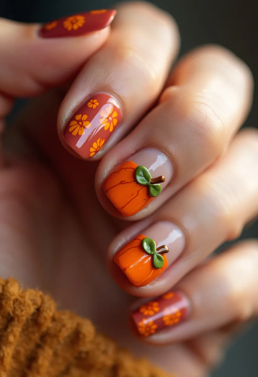 The nail design features a warm color palette dominated by shades of orange, terracotta, and a hint of green. The nails are shaped in a short, rounded square style. The intricate patterns include hand-painted yellow-orange flowers scattered over a terracotta base, as well as three-dimensional pumpkin decorations on a couple of nails. These pumpkins are detailed with green leaves and brown stems, adding a tactile element to the design. The nail treatment appears to be gel, which provides a glossy, smooth finish. The overall theme is autumnal, making it ideal for the fall season or Thanksgiving celebrations.