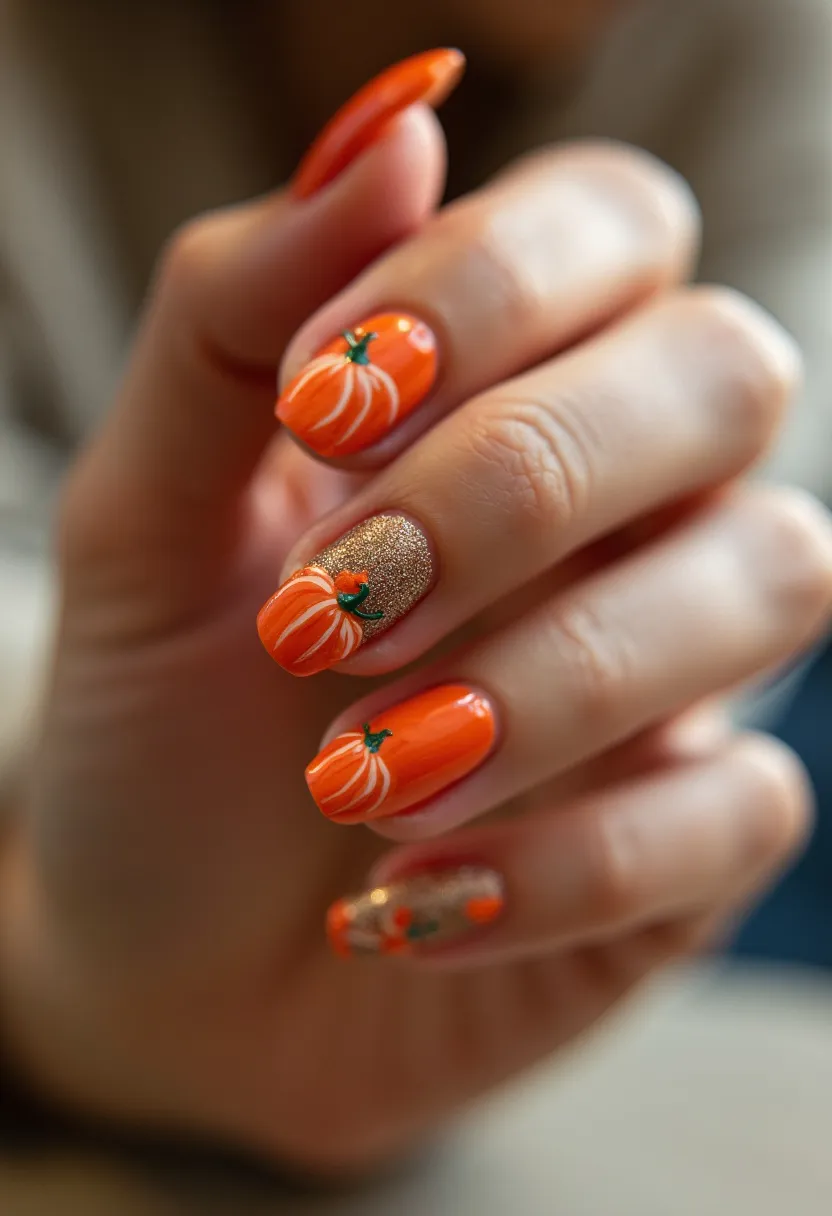 This nail design features a festive, autumn-inspired theme, with a color palette dominated by vibrant orange and gold. The nails are shaped in a medium length oval with a glossy finish, suggesting a gel treatment for its long-lasting shine and durability. Each nail showcases intricate detailing, with two nails adorned with charming pumpkin designs in white, green, and orange tones. Additionally, a golden shimmering accent nail provides a sparkling contrast to the solid orange nails, enhancing the overall festive look. The combination of pumpkins and warm colors indicates a seasonal theme, perfect for fall or Halloween celebrations.