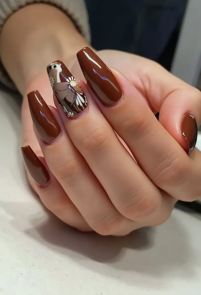 The nail design showcases a rich, chocolate brown color palette on a set of square-shaped nails. One of the nails features an intricate decal of an owl and floral accents, providing a delightful contrast against the solid brown base. This design appears to be achieved using gel or acrylic treatment, given the glossy finish and the detailed nail art application. The presence of the owl and flowers adds a whimsical touch, suggesting a nature-inspired or possibly autumnal theme, ideal for seasonal celebrations or events that appreciate earthy tones and detailed artwork.