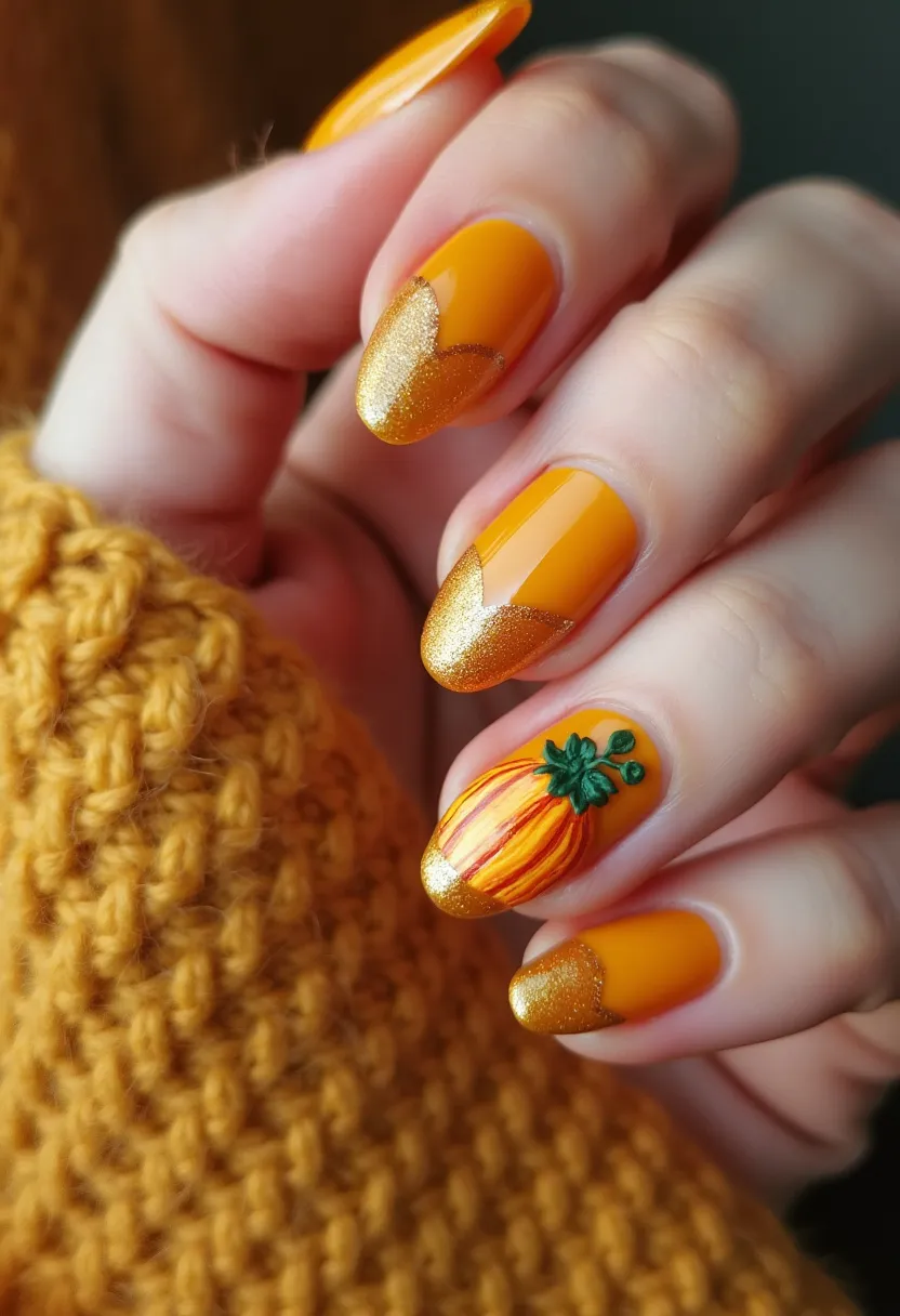 The nail design features a vibrant autumn color palette primarily dominated by a rich, warm orange hue paired with glittery gold accents. The nails are medium-length with an almond shape, providing a smooth and elegant canvas. The nail treatment appears to be gel, offering a glossy and durable finish. Most of the nails are painted in solid orange, highlighted with gold glitter in a reverse French tip style, while the ring finger stands out with a detailed, hand-painted pumpkin featuring green leaves, enhancing the seasonal autumn or Halloween theme. The meticulous mix of hues and the three-dimensional elements contribute to a festive and eye-catching manicure suitable for fall celebrations or special occasions related to the harvest season.