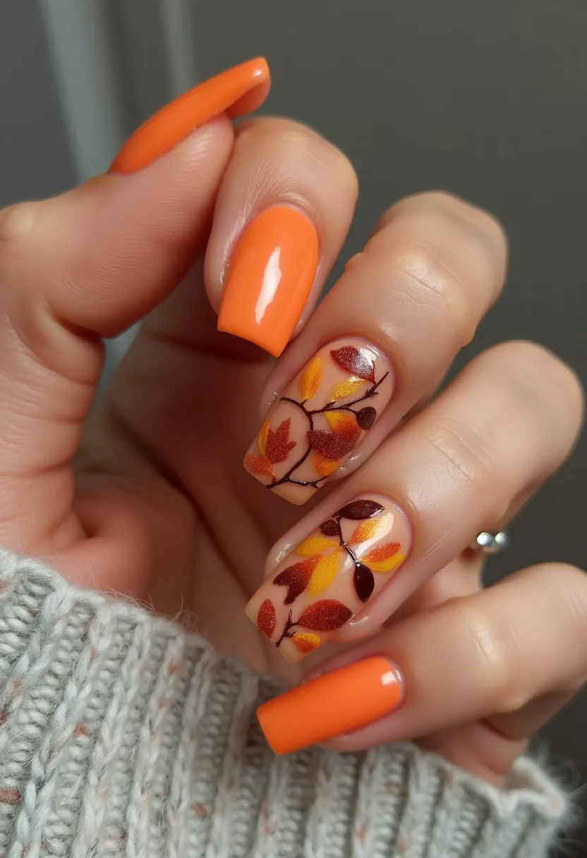 The nail design features a vibrant autumn-inspired palette with a combination of solid orange and detailed multicolored leaf patterns. The nails are medium-length with a square shape, contributing to a neat and polished look. The solid orange nails appear to be created with a gel treatment, providing a glossy and smooth finish. The intricate leaf patterns on the accent nails are designed against a clear or nude background, using shades of yellow, orange, and deep brown with a fine black outline, mimicking the appearance of fall foliage. This design is ideal for the autumn season, capturing the essence of fall leaves and providing a warm, festive feel.