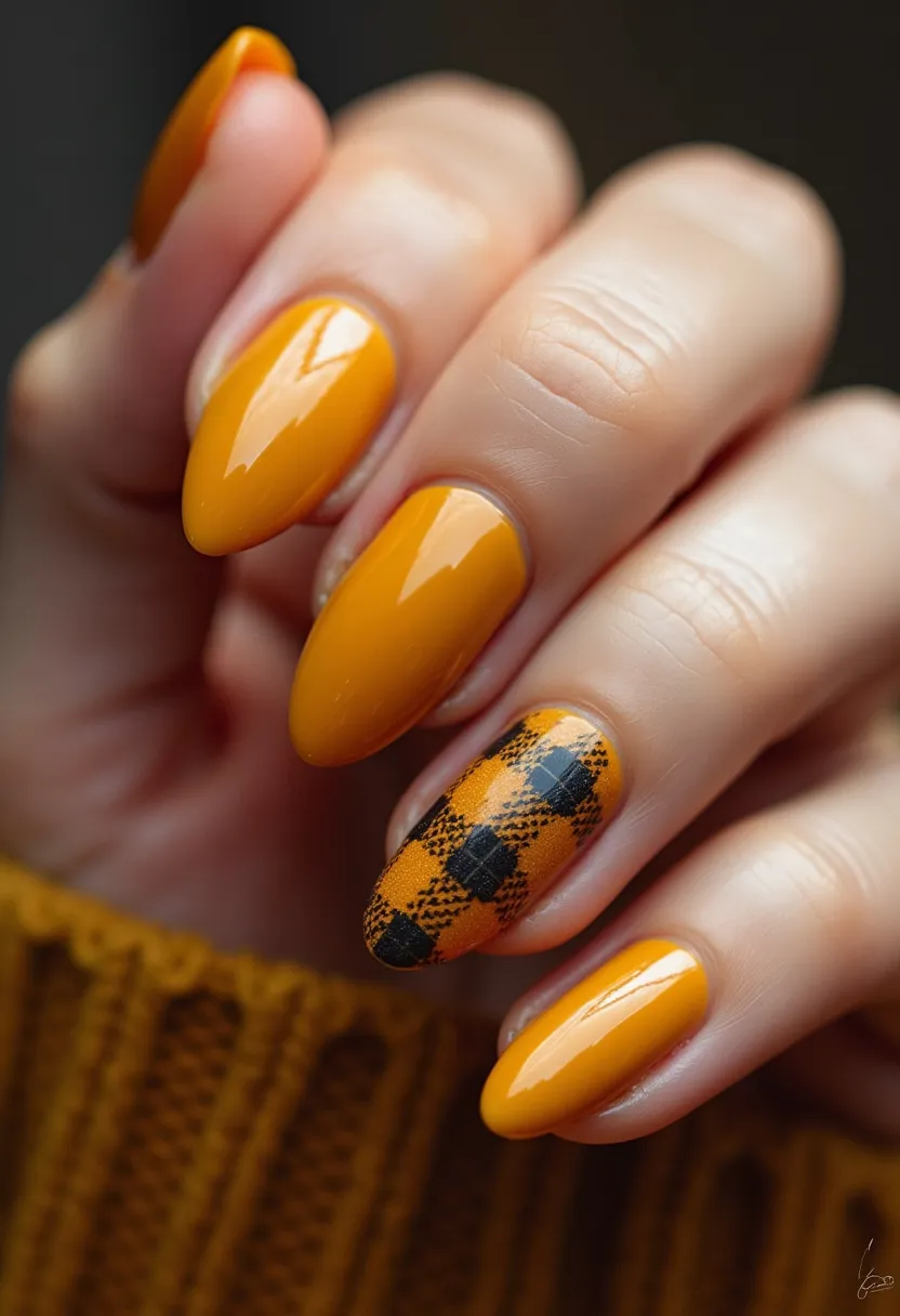 This nail design features a striking autumnal color palette predominantly with a rich mustard yellow hue. The nails are shaped in a medium-length almond form, adding elegance to the overall look. One nail on each hand stands out with an intricate plaid pattern in black, superimposed on the mustard yellow background, providing a touch of rustic charm typical of fall fashion. The nails appear to be treated with a glossy gel polish, giving them a sleek and shiny finish. The combination of the warm color and the plaid design suggests a seasonal theme suitable for autumn, evoking cozy and festive vibes perfect for the fall season or Thanksgiving celebrations.