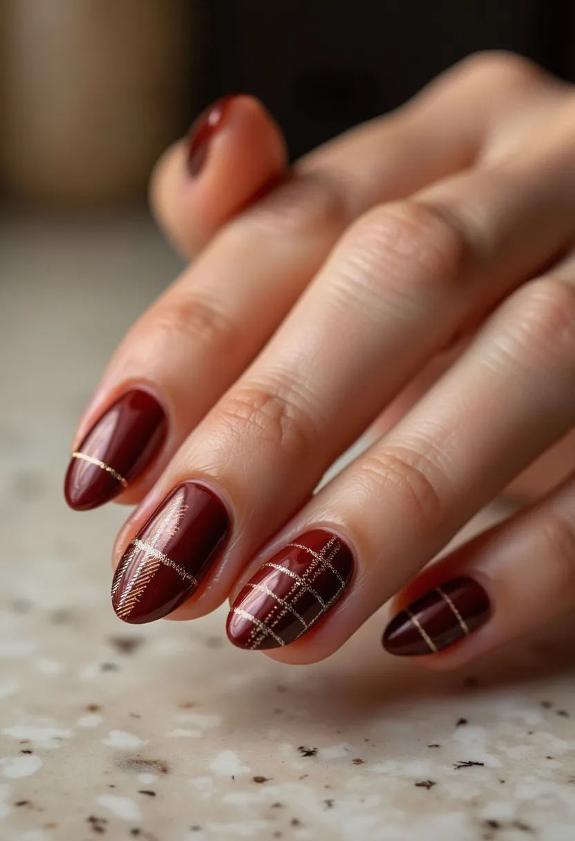 The nail design features a rich palette dominated by deep burgundy tones, suitable for autumn or winter seasons. The nails are filed into a rounded almond shape, providing an elegant and elongating effect on the fingers. Intricate patterns are incorporated using fine gold lines; these include geometric designs and intersecting lines that add a sophisticated touch. The gold detailing against the dark burgundy creates a luxurious contrast, possibly using a gel nail treatment for a high-gloss finish. The overall design exudes a festive feel, making it appropriate for holiday seasons or special events, while maintaining a chic and timeless elegance.