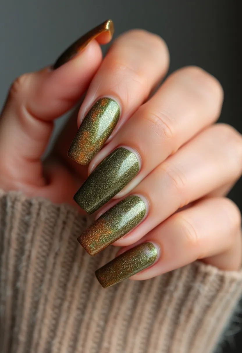 The nail design features a stunning color palette of metallic greens and subtle golden hues, creating a shimmering and eye-catching appearance. The shape of the nails is long and squared-off, providing a modern and polished look. Each nail exhibits a marbled effect with an interplay of green and gold, giving a unique and sophisticated pattern. This type of nail treatment appears to be a gel manicure due to its high-gloss finish and durability. The design is versatile yet elegant, suitable for both everyday wear and special occasions, with an aesthetic that hints at an autumnal or festive seasonal theme.