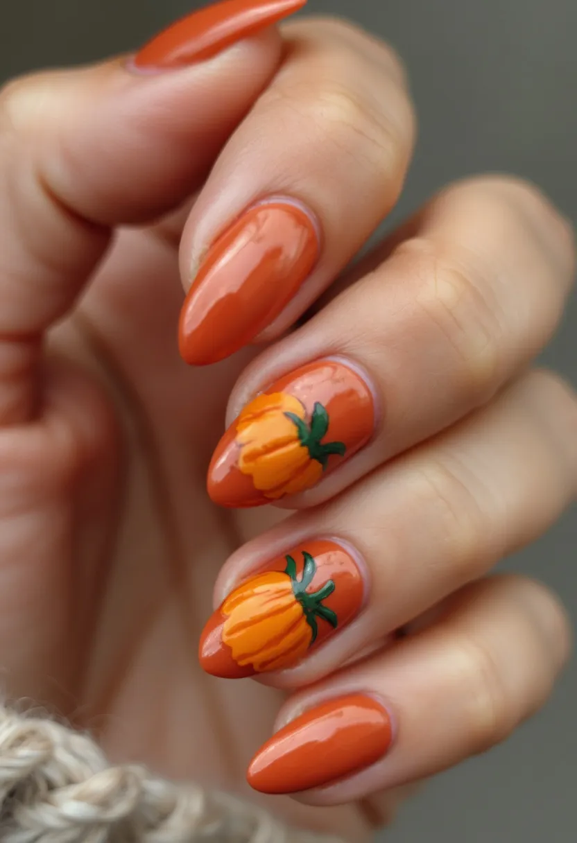 This nail design features a warm, autumnal orange color palette, perfect for the fall season. The nails are shaped in an elegant almond style, providing a sophisticated and elongating effect. The accent nails sport intricate pumpkin illustrations with green stems, detailed with shading to give the pumpkins a three-dimensional look. These designs are likely made using gel polish, given the high gloss finish and durability required for the intricate designs. This festive nail art is well-suited for seasonal events such as Halloween or Thanksgiving, adding a playful yet stylish touch to the overall look.