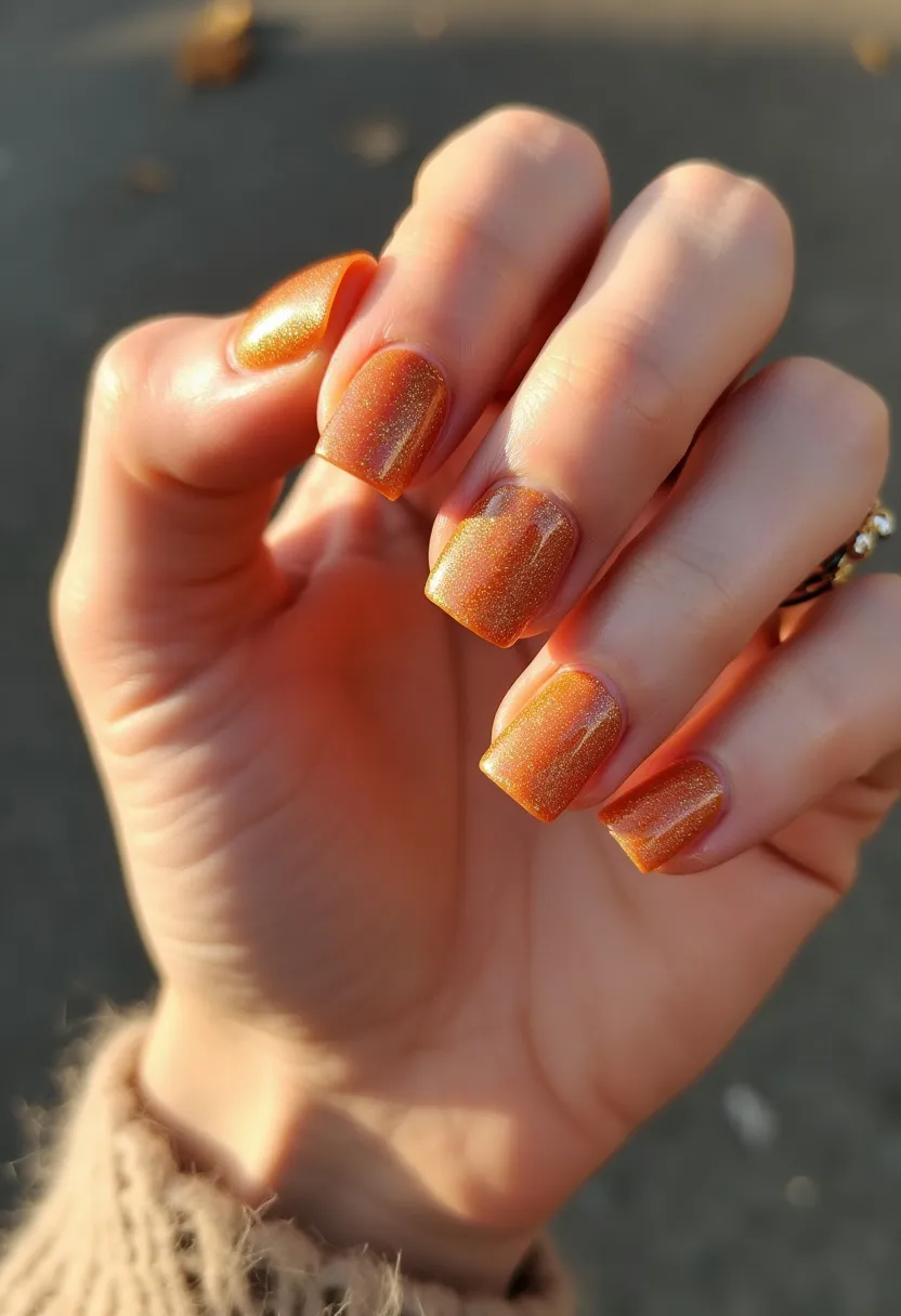 This nail design features a vibrant orange color palette with a shimmering finish, which creates a striking metallic effect. The nails are shaped in a soft square form, offering a clean, modern appearance. The treatment appears to be a gel or shellac, given the high-gloss, smooth finish that enhances durability and shine. The choice of color and shimmer suggests a design well-suited for the autumn season or for festive occasions, capturing the warm, golden hues often associated with fall leaves or holiday celebrations. The absence of additional intricate patterns or decorations keeps the look elegant and sophisticated, letting the bold color and subtle sparkle stand out.