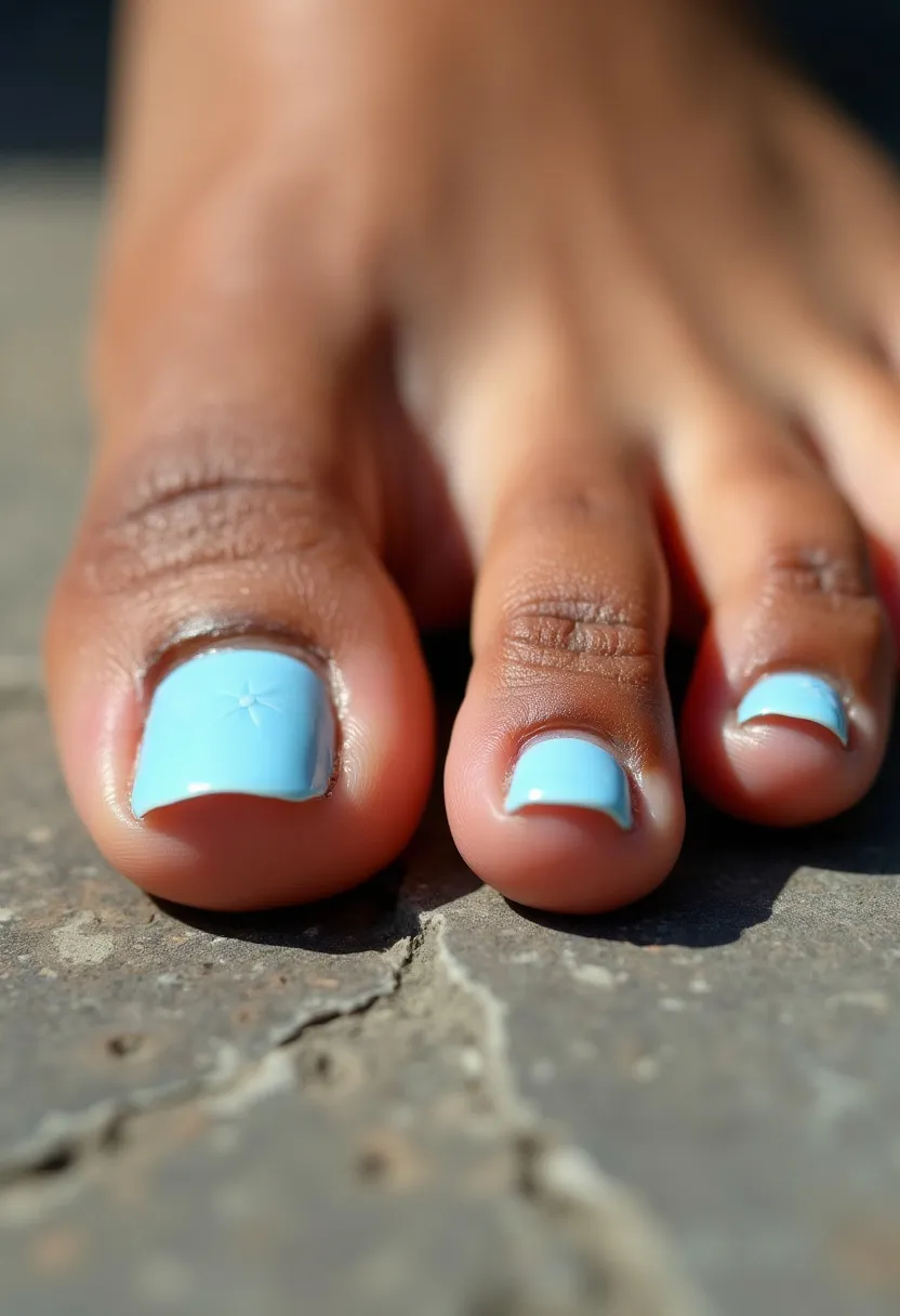 The nail design features a light blue color palette, giving it a fresh and summery appearance. The nails are neatly groomed and have a natural square shape. The big toenail includes an intricate star accent, adding a touch of uniqueness to the overall design. The finish appears glossy, suggesting a gel or shellac type of nail treatment that enhances durability and shine. This simple yet elegant design is perfect for a relaxed, warm-season look or a casual outing where a subtle yet stylish detail is desired.