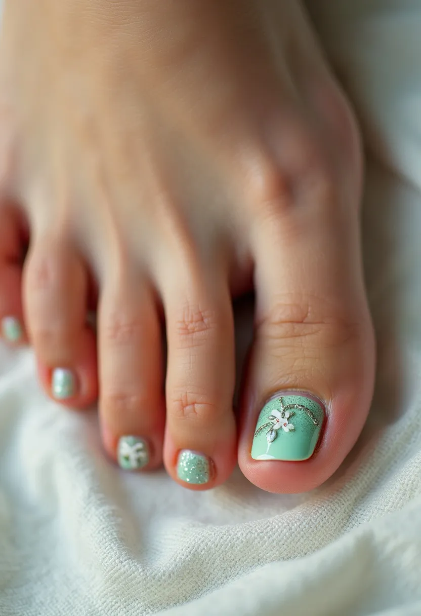 The nail design features a mint green color palette with accents of white and silver, which gives the nails a fresh, spring-like appearance. The toenails are short and neatly rounded. The big toe showcases an intricate decoration of a small, three-dimensional white flower accentuated with silver glitter lines, adding a touch of elegance. The other toes display simpler designs, with one nail having a complete coating of mint color, another featuring glitter, and others with variations of the mint green color and delicate white designs. The treatment appears to be gel polish, which provides a smooth and glossy finish. This design is well-suited for a festive spring or summer occasion, adding a whimsical yet sophisticated touch to the overall look.