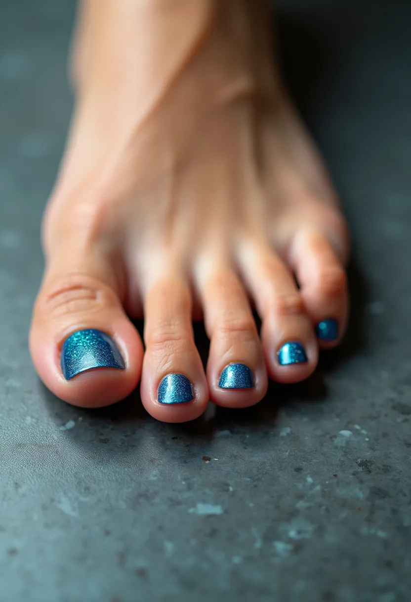 The nail design features a vivid blue color palette with a metallic, shimmering finish on toenails. The nails are neatly trimmed and have a square shape with softened edges. The polish appears to be a gel treatment, given the glossy, long-lasting shine and smooth finish. There are no additional patterns or decorations, allowing the striking polish to be the focal point. The shimmering effect lends itself to a festive or celebratory theme, potentially suitable for special occasions or seasonal events such as winter holidays or summer parties. The overall look is modern and eye-catching, highlighting the vibrancy and elegance of the chosen color and treatment.