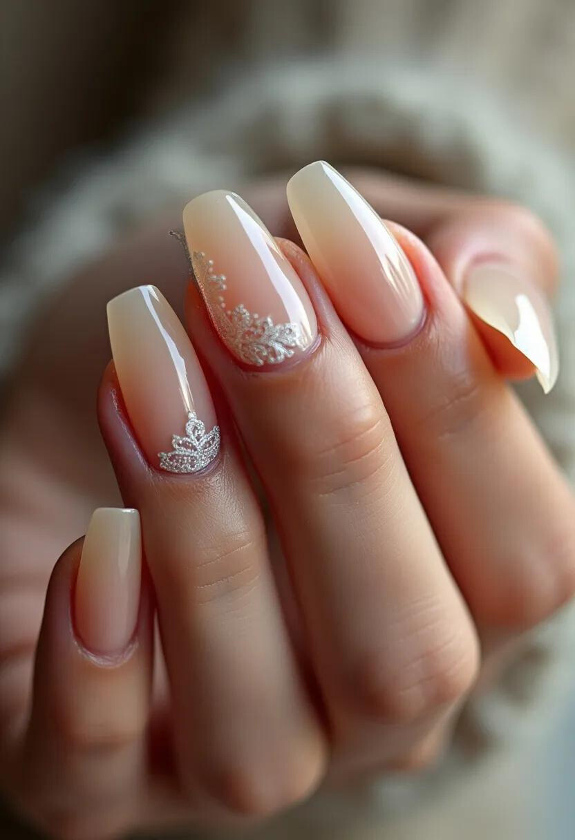 The nail design features a delicate and elegant color palette with a soft, translucent nude base, creating a sophisticated and clean look. The nails are shaped into a square-oval (squoval) form, combining the sleekness of square tips with the smooth edges of oval nails. Intricate silver lace-like patterns adorn the ring finger and pinky, resembling delicate filigree work, adding a touch of glamour and intricacy. These ornate details are suggestive of a gel or acrylic nail treatment, given the high-shine and perfectly smooth finish that enhances the overall aesthetic. The design could be well-suited for a bridal or formal occasion, emphasizing subtle luxury and refined elegance.