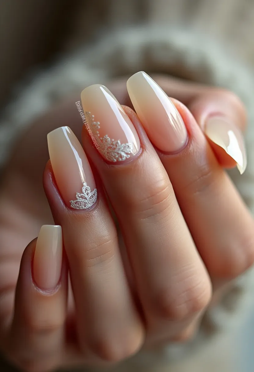 This nail design features a sophisticated, elegant look with a nude color palette, subtly transitioning into a soft pink gradient. The nails are medium length with a squared shape, promoting a chic and modern aesthetic. Intricately placed at the base of the middle fingernail is a delicate silver lace design that resembles a petite crown or tiara, which adds a touch of glamour and intricacy to the overall design. This manicure appears to be achieved using a gel or possibly a shellac treatment, ensuring a high-gloss finish and durability. The combination of subtle hues and intricate detailing suggests that this design could be appropriate for a formal event, such as a wedding or a sophisticated soirée. The minimal yet luxurious elements make it versatile for various special occasions.