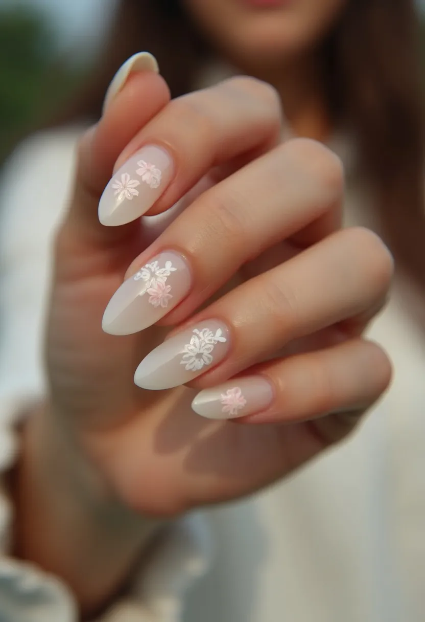 The nail design features a soft, pastel color palette with primarily white and light pink shades, creating a delicate and elegant look. The nails are filed into a tapered almond shape, giving them a sophisticated and feminine appearance. Each nail is adorned with intricate, floral patterns, showcasing detailed and dainty flower designs in white and pink hues. The type of nail treatment appears to be gel, as evidenced by the smooth, glossy finish. The overall design exudes a spring or wedding theme, suitable for special occasions such as bridal showers or garden parties, with its elegant yet understated charm.