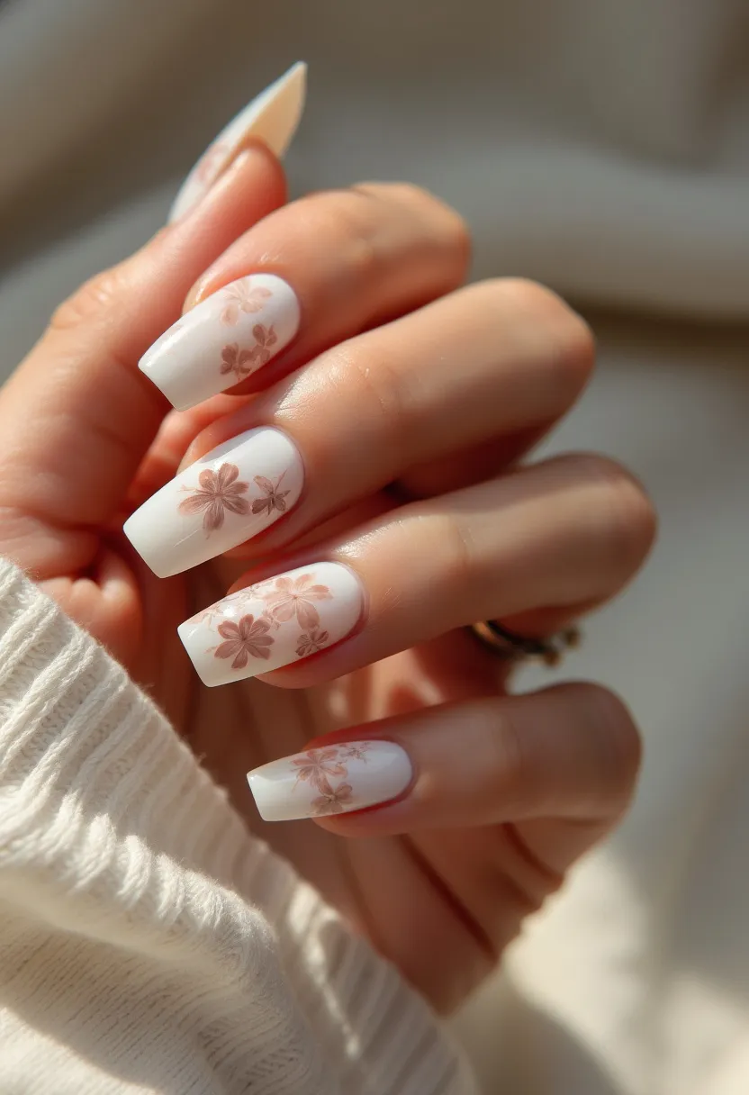 The nail design features a refined and elegant aesthetic with a white color palette as the base. The nails are shaped into a squared form, adding a sophisticated touch. Each nail is adorned with delicate, intricate floral patterns in a soft, peachy-pink hue, giving the design a feminine and graceful look. The smooth, glossy finish suggests the use of gel treatment, ensuring a long-lasting and polished appearance. The floral details and light colors evoke a springtime theme, perfect for seasonal celebrations or special occasions such as weddings or garden parties. This nail design strikes a perfect balance between simplicity and intricate beauty, suitable for various elegant events.