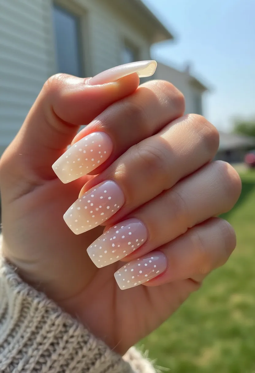 The nail design features a soft color palette with a gradient effect transitioning from natural pink near the cuticle to white at the tips. The nails are square-shaped with a moderate to long length. Each nail is decorated with a pattern of evenly spaced white dots, creating a delicate and whimsical look. This nail design appears to utilize gel treatment, which offers a smooth and glossy finish. The overall aesthetic suggests a subtle and classy theme, suitable for spring or summer seasons or even for a bridal occasion due to its elegant and clean design.