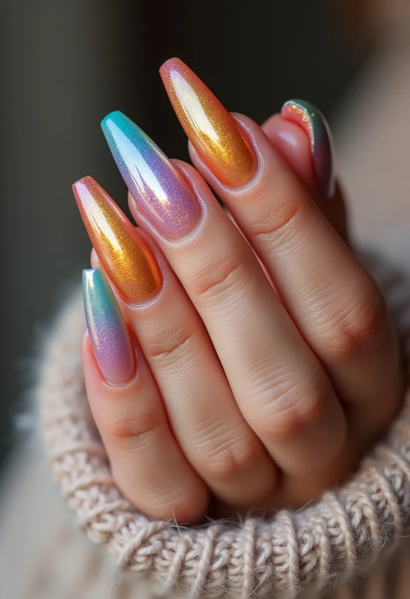 This nail design features a captivating iridescent color palette with a smooth gradient transition from pastel purples to shimmering gold and turquoise shades. The nails are shaped into long, tapered coffins, providing an elongated and elegant look. The nail treatment used appears to be gel, creating a glossy and durable finish that enhances the vibrancy of the colors. Unique details include a subtle metallic shimmer that runs uniformly across all nails, adding a touch of glamour and sophistication. The design evokes a dreamy, ethereal quality that would be perfect for special occasions or seasonal themes such as spring or summer, where bright and lively colors are celebrated.