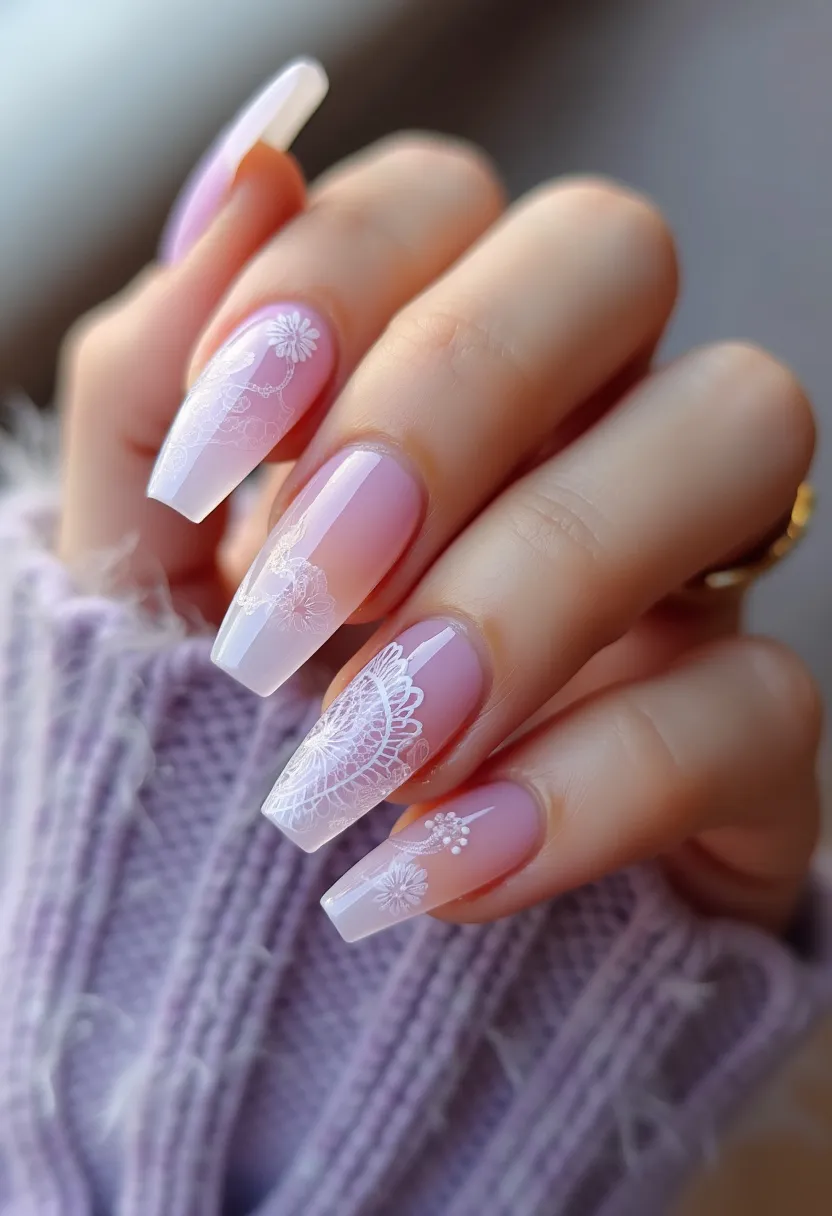 The nail design features an elegant and feminine color palette with a foundation of soft pastel pink, blending seamlessly into a light, translucent white at the tips, typically seen in an ombre gradient effect. The nails are shaped into a long coffin style, known for their squared-off tips and elongated look. Adorning the nails are intricate white floral lace patterns, adding a delicate and sophisticated touch to the design. This style appears to be a gel nail treatment, evidenced by the high-gloss finish and smooth texture. The design could be ideal for a spring or summer theme, celebrating lightness and floral motifs, making it suitable for special occasions such as weddings or garden parties. Unique details include the precise and thin lacework, which evokes a sense of bridal elegance and refinement.