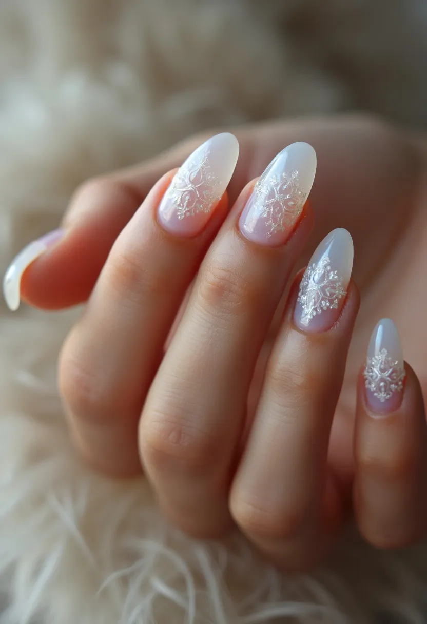 The nail design features an elegant and seasonal look with a palette centered around soft, translucent whites transitioning to a subtle pink near the nail beds. The nails are shaped in an almond style, adding a sophisticated and elongated appearance. Intricate white snowflake patterns decorate the tips, suggesting a winter or holiday theme, perfect for the festive season. The nails appear to be treated with a gel polish, as the finish is smooth and glassy, providing both durability and a high-shine quality. These unique details, coupled with the intricate and shimmering snowflake designs, make this nail art an ideal choice for winter special occasions or holiday festivities.