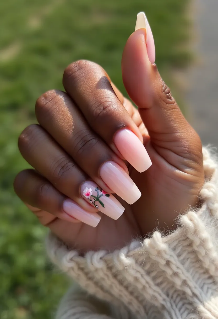 The nail design features a graceful palette with a soft, pastel pink base. The nails are shaped in a modern, medium-length square style, giving them a chic and sophisticated appearance. An intricate floral detail accentuates the design on one finger; the nail showcases a delicate pink flower with green stems and leaves, adding a touch of elegance and femininity. The finish appears to be a gel treatment, providing a smooth, glossy shine that enhances the overall allure. This nail design, with its light and fresh theme, is ideal for spring or summer seasons and suits special occasions such as weddings, garden parties, or any event that benefits from a subtle yet stylish look.