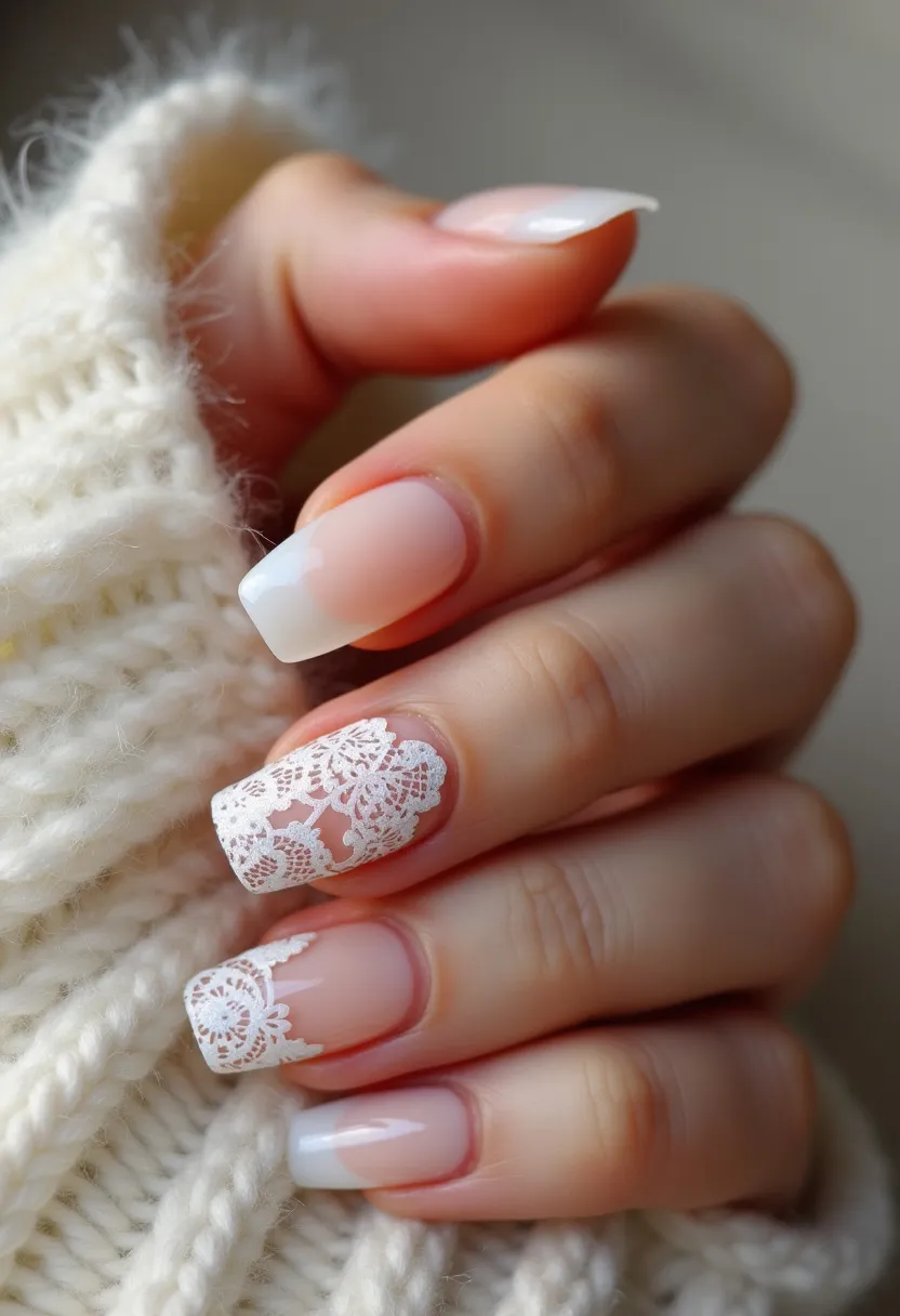 The nail design features a sophisticated and elegant appearance with a predominantly neutral color palette, blending natural pinks and whites. The nails are shaped into a medium-length square form, providing a clean and classic look. This design incorporates intricate lace-like white patterns on a couple of the nails, adding a delicate and feminine touch, making them standout features. The likely treatment used here is gel, given the glossy, polished finish and the detailed artwork preserved on the surface. The intricate lace details give a sense of occasion, making this design suitable for special events like weddings or elegant holiday gatherings.