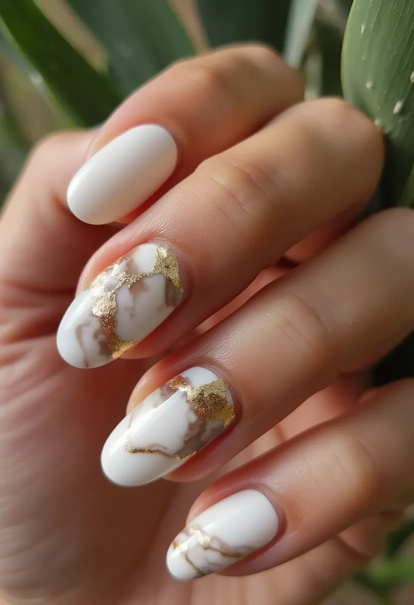 The nail design features an elegant and sophisticated palette of white and gold colors. The nails are medium length and almond-shaped, providing a graceful and feminine look. The white base is enriched with gold foil accents that create a cracked marble effect on select nails, adding a touch of luxury and glamour. This intricate pattern stands out, giving the nails a textured and artistic appearance. The smooth, glossy finish suggests that the nails are treated with gel polish, contributing to their durability and shine. The overall design is suitable for special occasions or festive seasons due to its opulent and refined aesthetic.