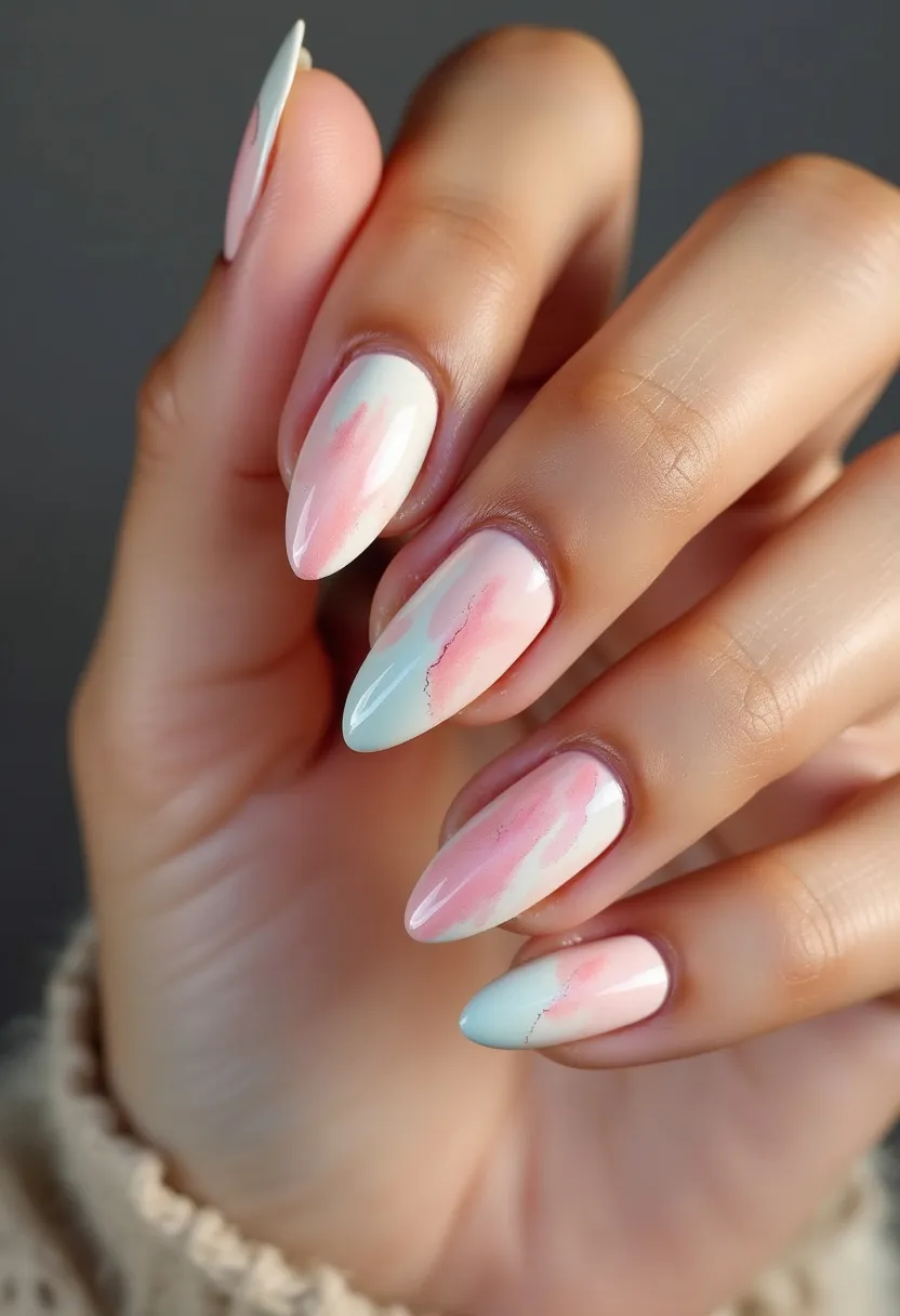 The nail design features a soft and elegant color palette with pale pastel hues, predominantly light pink and baby blue, subtly blending together. The nails are almond-shaped, adding to the overall delicate and refined appearance. The intricate pattern resembles watercolor brush strokes, creating a fluid and artistic look. This design is likely achieved using gel treatment, providing a smooth and glossy finish. Unique details include the gentle gradients and occasional fine darker lines, enhancing the watercolor effect. The design carries a light, airy feel suitable for spring or summer seasons, or possibly for special occasions like weddings or baby showers.