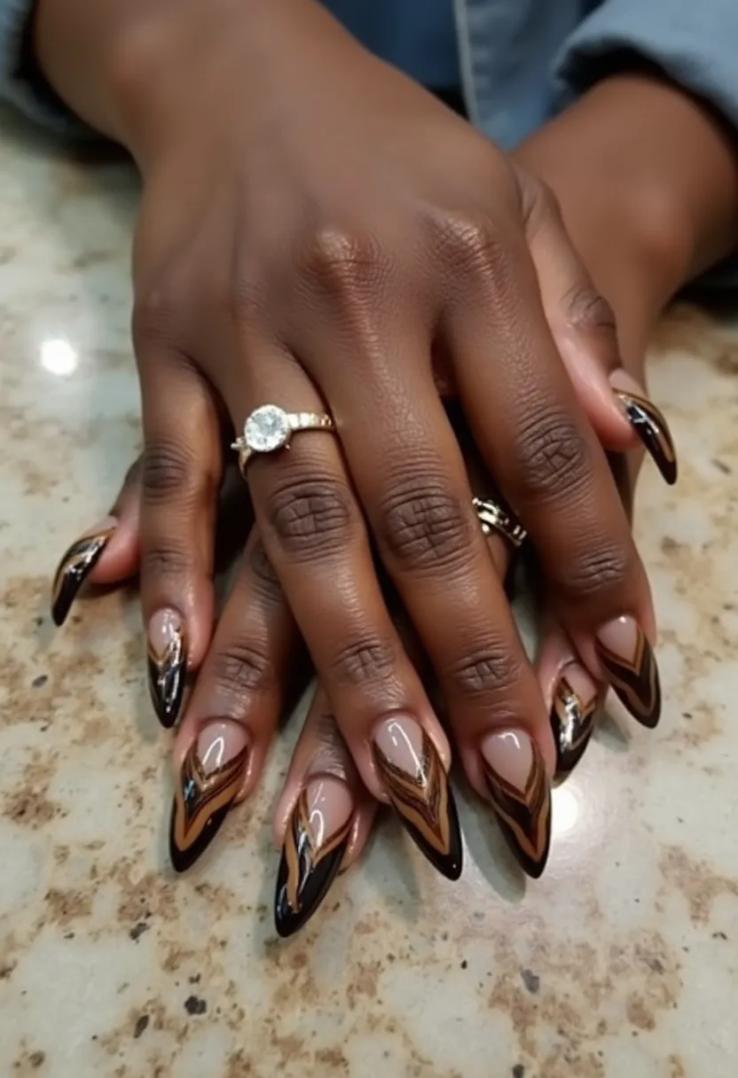 The nail design showcases a striking palette with a nude base color, embellished with bold, black and golden brown accents that form intricate chevron and V-shaped patterns. The nails are long and almond-shaped, providing a canvas that accentuates the detailed art. The shiny and sturdy finish suggests that the nails were treated with gel polish, ensuring durability and a glossy appearance. This design is sophisticated and elegant, making it ideal for formal events or special occasions, while the combination of neutral and dramatic hues aligns well with autumnal or winter themes. The intricate detailing and the rich colors lend a luxurious and meticulously crafted look to the nails.