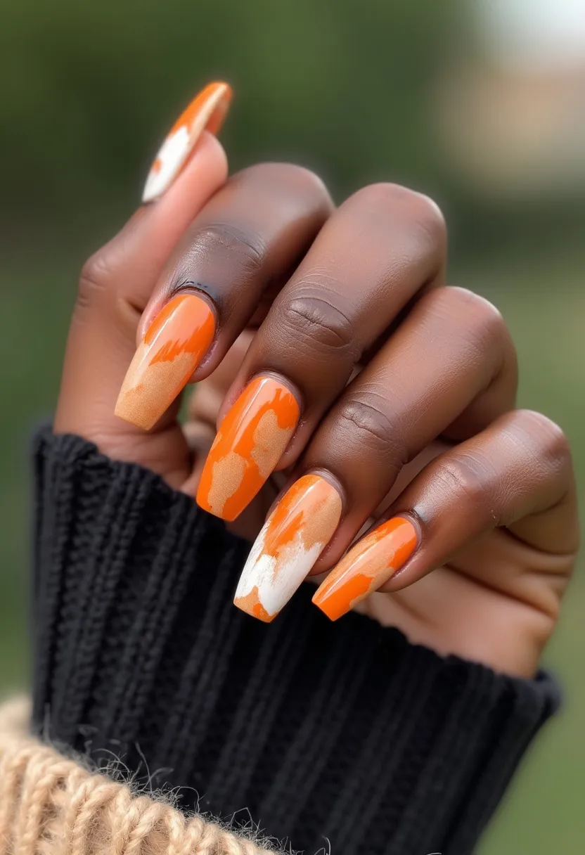 The nail design features a vibrant color palette primarily composed of orange, white, and nude shades. The nails are shaped in a long, squared form which provides ample space for the intricate design. The design itself is an abstract, artistic pattern with an integration of marbled and ombre effects, blending the colors smoothly together. This design appears to be created using gel polish, given its glossy finish. Unique details include patches of orange that resemble brush-stroke patterns, combined with nude and white accents that generate a dynamic and eye-catching look. This nail art is evocative of autumn with its warm, earthy tones, making it perfect for the fall season.