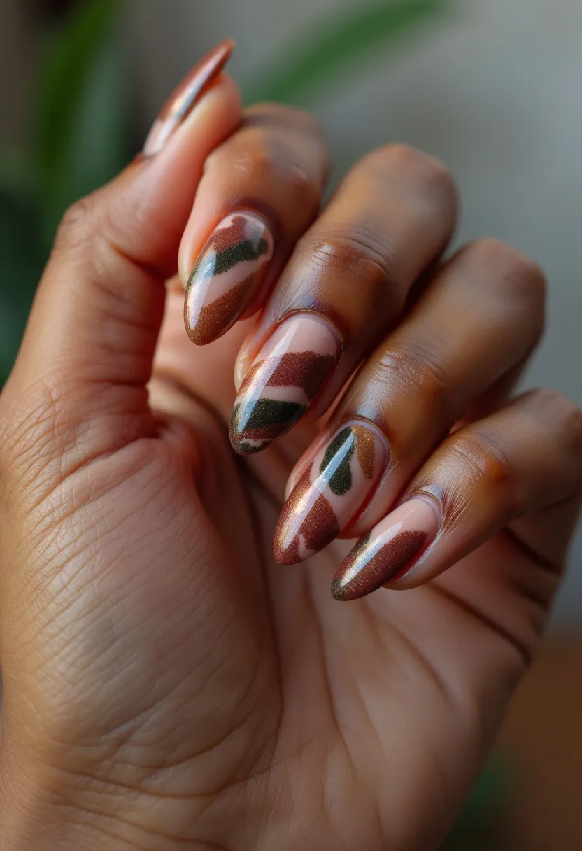 The nail design features almond-shaped nails painted with a warm color palette including shades of copper, dark green, and nude. The nails exhibit an intricate pattern that resembles abstract camouflage with these colors blending seamlessly across each nail. The copper shade appears to have a metallic sheen, adding a vibrant and reflective quality to the design. The type of nail treatment appears to be gel, given the glossy and smooth finish visible in the design. The overall look suggests an autumnal theme due to the earthy and metallic color choices.