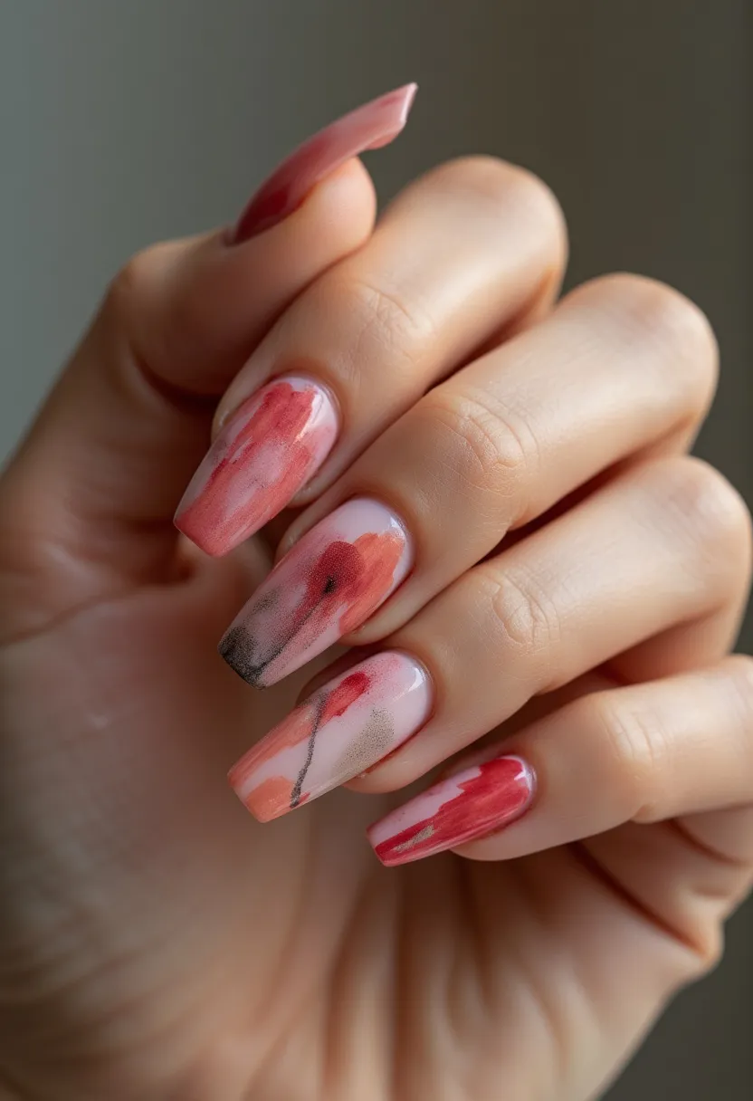 The nail design features a sophisticated color palette with pastel pink as the base, accented by artistic splashes of red, orange, and occasional hints of black. The nails are shaped in a long, tapered square form, giving them a modern and elegant appearance. Decorative elements include abstract watercolor-like patterns that evoke a sense of floral themes, creating a delicate yet vibrant look. The type of nail treatment appears to be gel, offering a glossy and smooth finish with enhanced durability. This intricate nail art is ideal for celebrating seasonal themes such as spring or summer, and is perfect for special occasions that call for a chic and artistic flair.