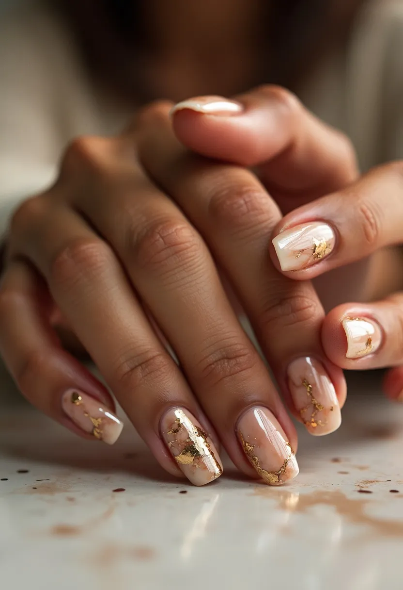 The nail design features a soft and elegant color palette primarily consisting of nude and beige tones with touches of white. The nails are medium in length with a well-defined square shape, offering a classic and clean look. Intricate gold leaf accents are delicately applied, creating a luxurious marbled effect on each nail. The use of gel polish ensures a glossy and smooth finish, enhancing the overall sophisticated appearance. This design, adorned with shimmering details, is ideal for special occasions or festive seasons, exuding a sense of refined elegance and glamour.