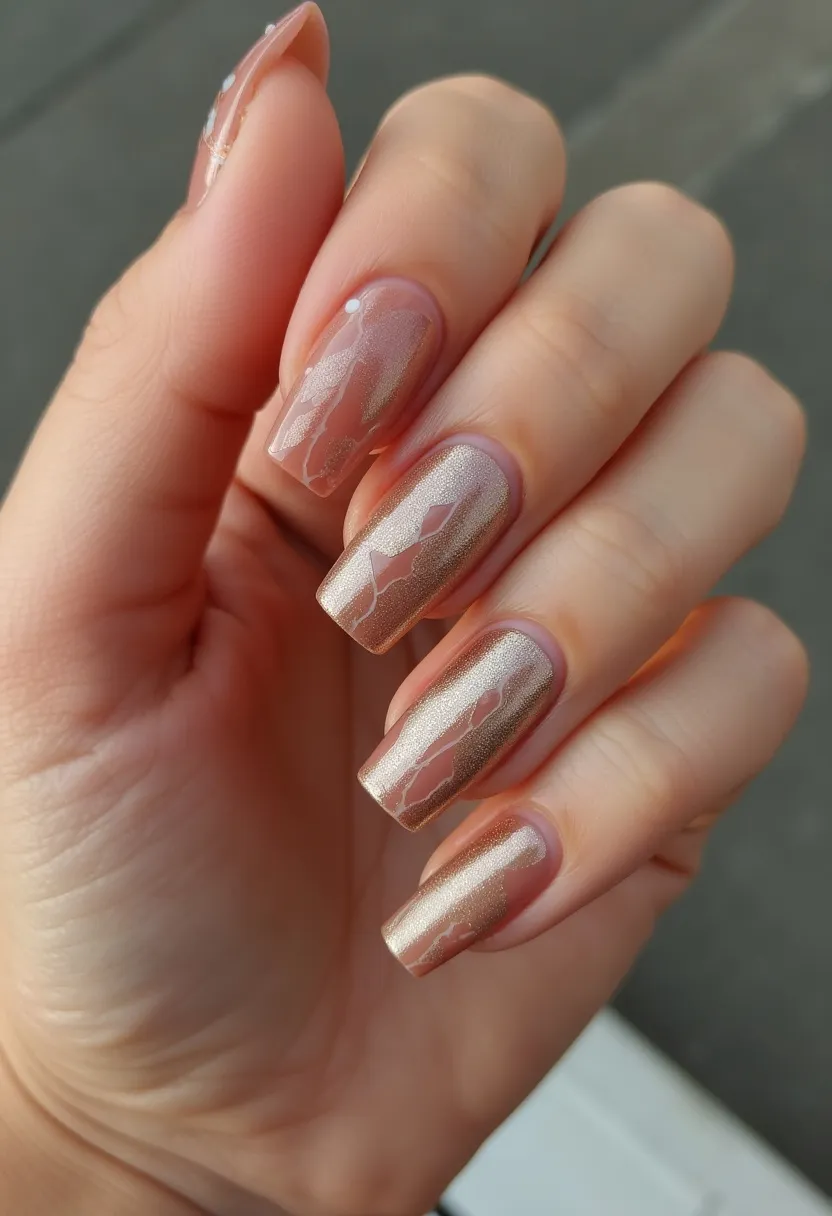 The nail design features a sophisticated color palette of shimmering champagne gold. The shape of the nails is a medium-length square, offering a clean and modern look. Intricate patterns of subtle abstract designs are overlaid on each nail, adding a touch of elegance without overpowering the simplicity of the design. The type of nail treatment appears to be a high-shine gel, which enhances the luster and durability of the manicure. Small, delicate decals are placed strategically on a couple of the nails, adding an extra layer of detail. This design is versatile, suitable for both special occasions and everyday wear, with a slight emphasis on a festive or celebratory theme.