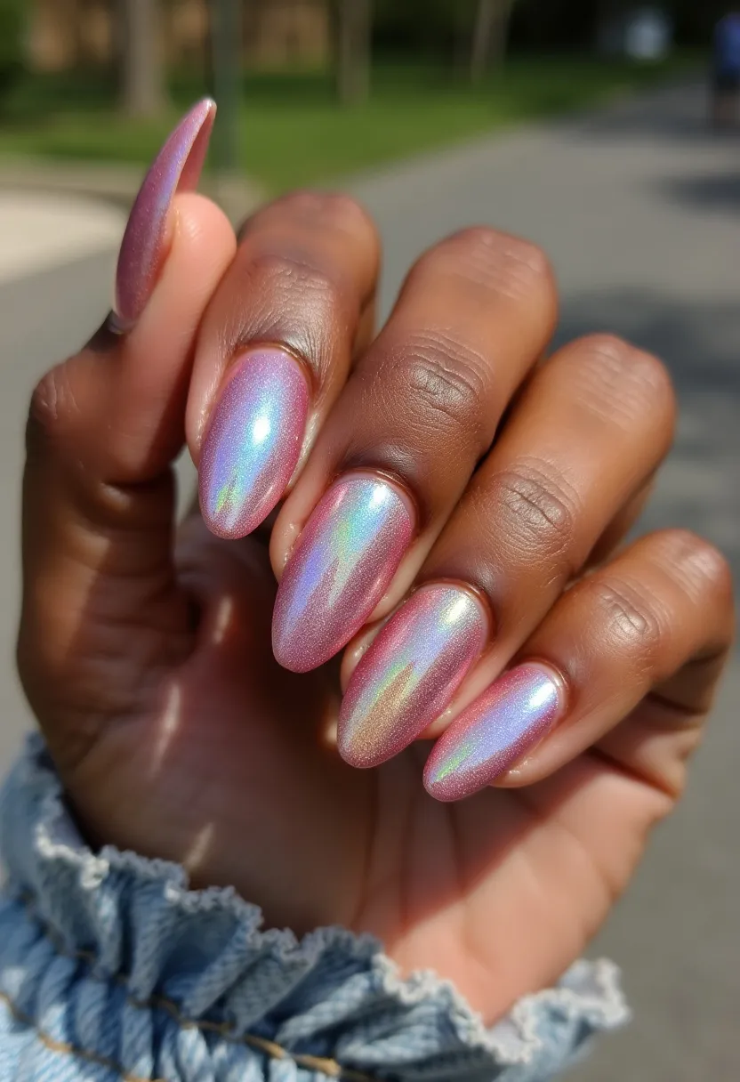 The nails feature a beautiful color palette of iridescent shades with a primary base of pink that shimmers with hints of blue, purple, and green under the light. The nails are shaped in a stiletto almond form, which tapers to a gentle point. This design appears to use a gel polish, given the smooth, glossy finish and rich, multi-dimensional color. The holographic effect adds an intricate pattern that shifts colors based on the angle of the light, creating a dynamic and eye-catching look. This nail design would be fitting for both special occasions and everyday wear, adding a touch of elegance and modernity. With its pastel hues and ethereal glow, it could be especially suitable for spring or summer seasons.