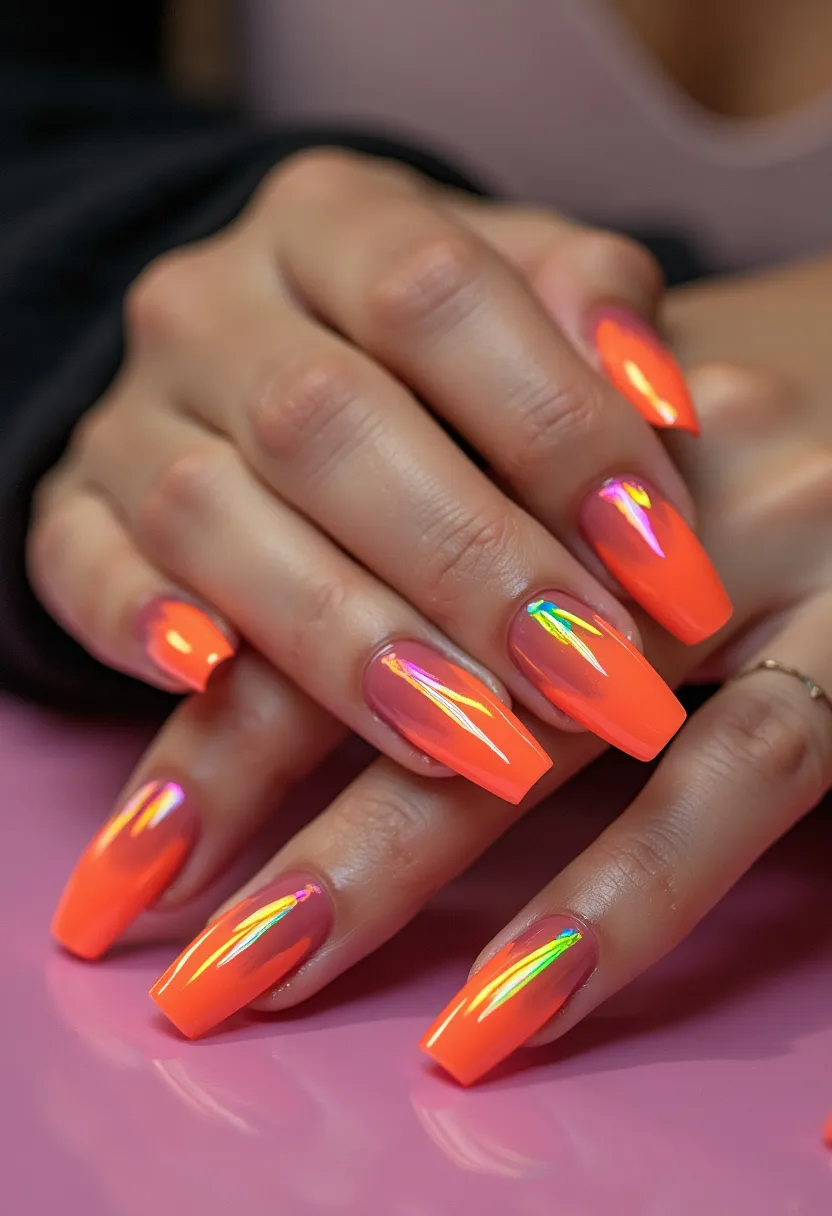 The nail design showcases a vibrant neon orange color palette, giving off a lively and energetic vibe. The nails are styled in a coffin shape, characterized by their squared-off tips which add a modern and edgy touch. A striking feature of this design is the iridescent, holographic sheen that overlays the orange base, creating an eye-catching, reflective effect that shifts in the light. The nails appear to be treated with gel polish, evident by their glossy and smooth finish, offering both durability and lustrous shine. This bold and vivid design is perfect for festive seasons or special events where a lively and striking appearance is desired.