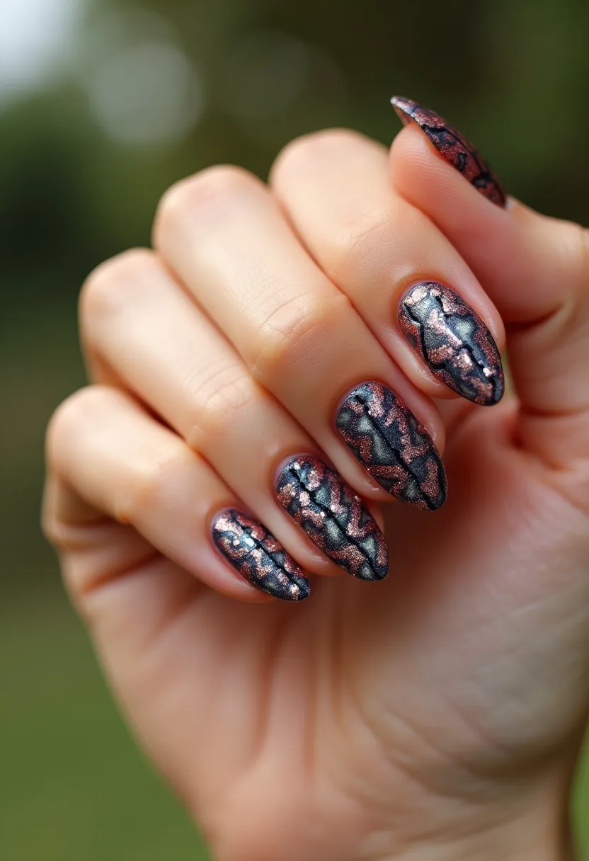 The nail design features an oval or almond-shaped manicure with a striking color palette blending metallic black and shimmering bronze. The intricate pattern resembles a cracked or shattered effect, providing a textured visual appeal. The use of a possible gel treatment enhances the glossy finish and durability of the design, making it long-lasting. The choice of colors and the dramatic pattern give the nails a bold and edgy look, suitable for autumnal themes or special occasion outfits, yet versatile enough for regular wear. The overall effect is both sophisticated and eye-catching, showcasing a blend of artistry and modern nail techniques.