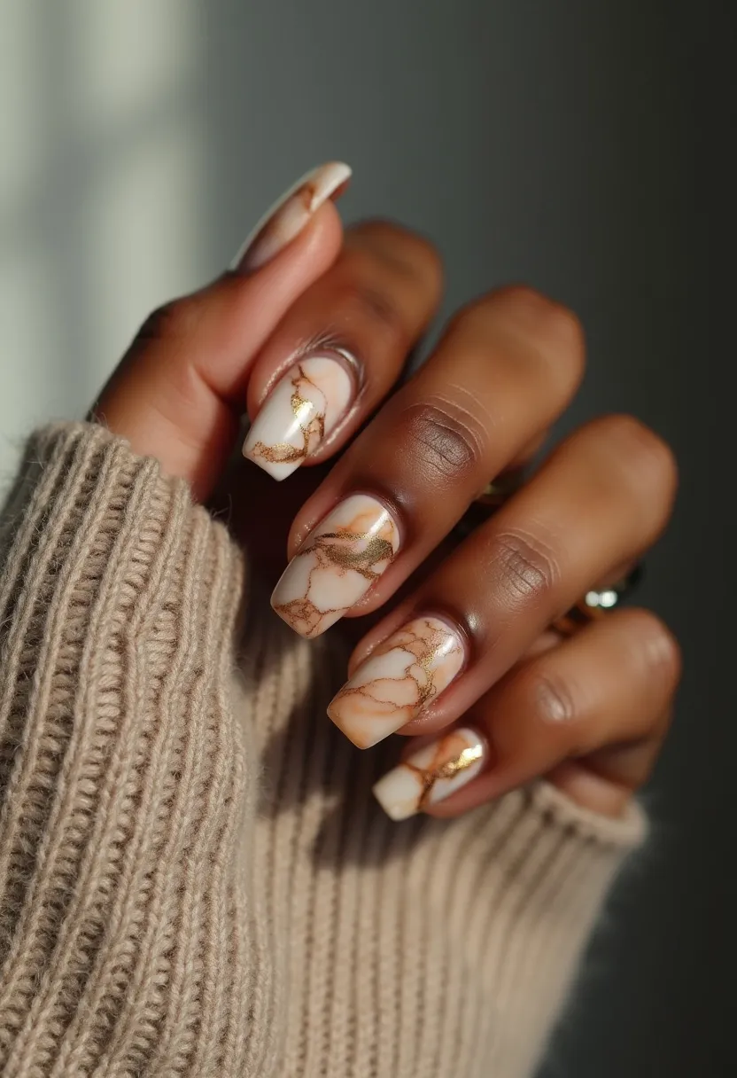 The nail design features a sophisticated marble effect, with a soft white base color interspersed with veins of gold and brown, creating a natural stone look. The nails are shaped into a stylish coffin form, providing a modern and elegant appearance. The intricate marble pattern includes delicate, irregular lines that mimic the organic structures of natural marble, accentuated with subtle gold detailing that adds a touch of glamour and luxury. This design is likely achieved using gel or acrylic treatment, known for their durability and glossy finish. The overall design exudes a classy and timeless vibe, suitable for various special occasions, and can effortlessly transition between seasons.