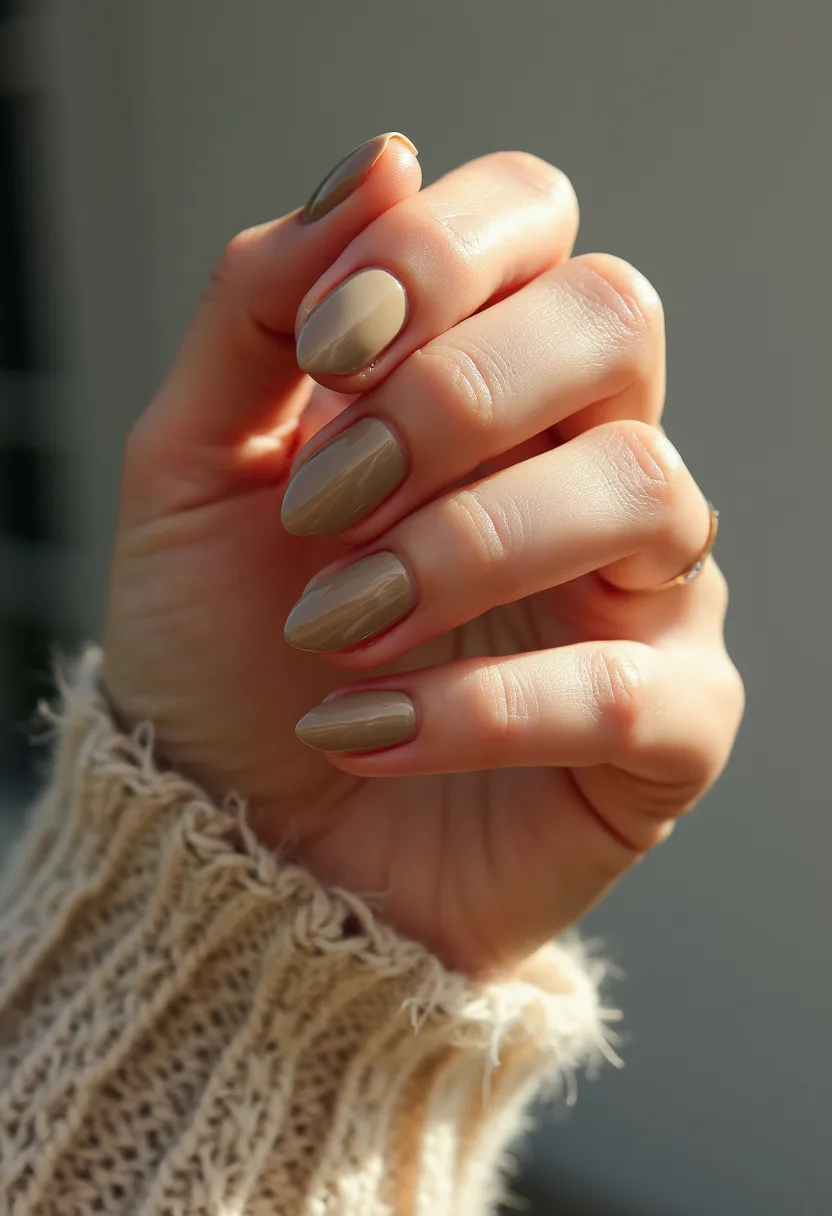 The nail design features a color palette of soft, muted beige tones which give off a neutral, sophisticated appearance. The nails are medium-length and shaped in a rounded almond style, providing an elegant and natural look. The treatment appears to be smooth and glossy, suggesting the use of gel polish that offers a sleek and polished finish. There are no additional intricate patterns or decorations, keeping the design minimalistic and classy. This nail style is versatile and appropriate for various seasons, particularly fall due to its earthy tones, and is suitable for both everyday wear and special occasions.